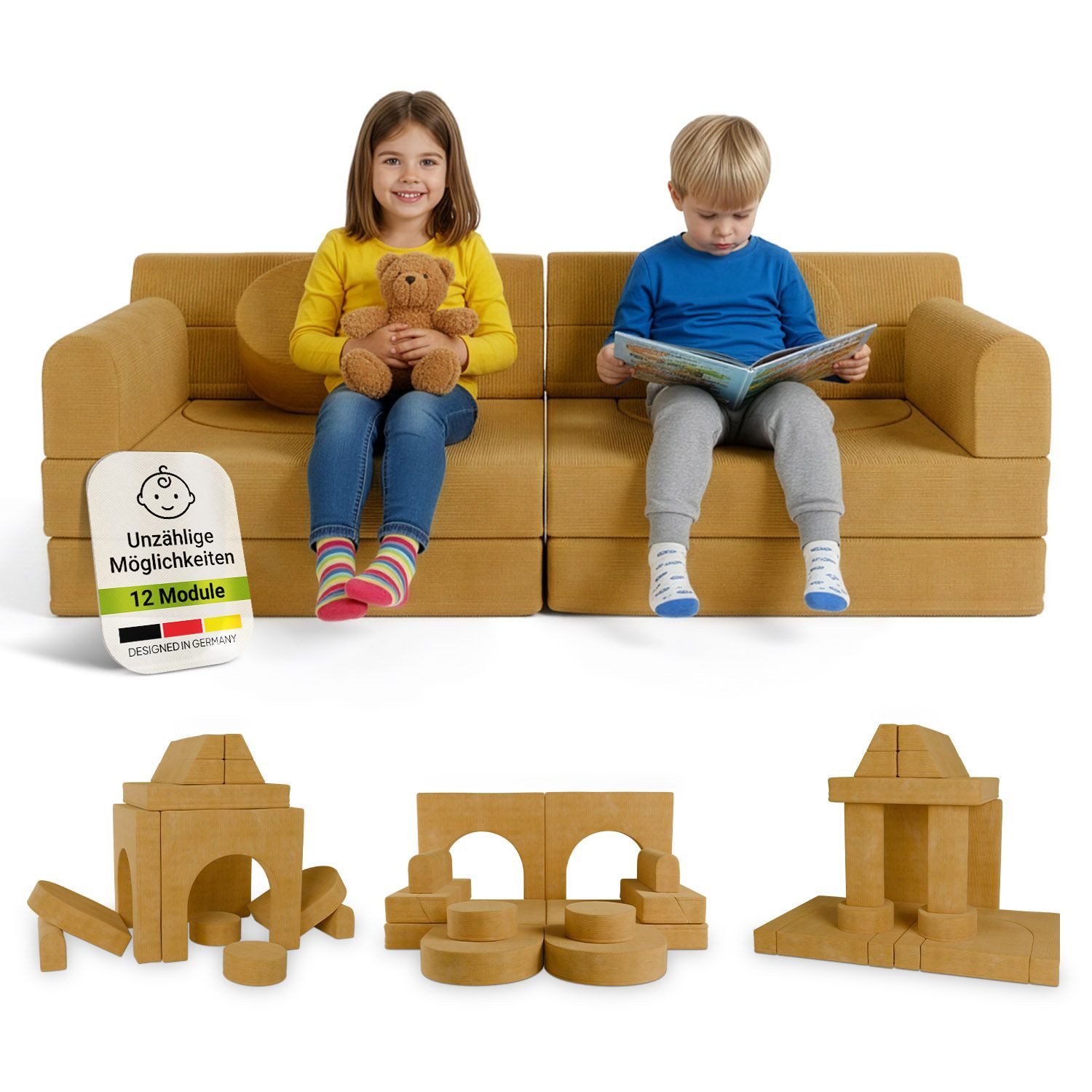 Juskys Kindersofa Kayo, 12 Teile, Modulares Spielsofa, Waschbare Cord-Bezüge, 12-teiliges Set mit Kissen
