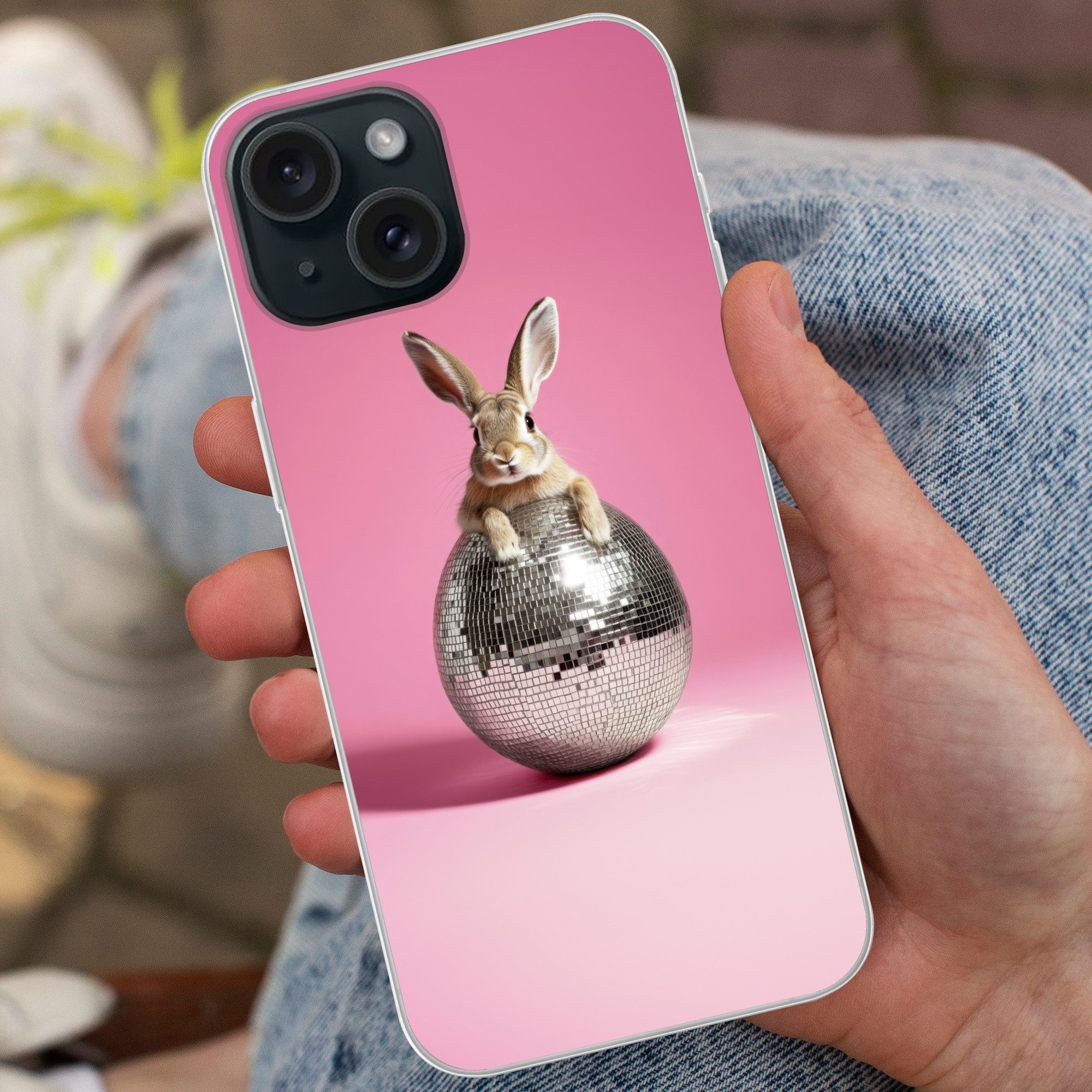 MuchoWow Handyhülle für Apple iPhone 15 Hase - Schleife -Diskokugel, Smartphone-Bumper, Print, Handy Schutzhülle Dünn