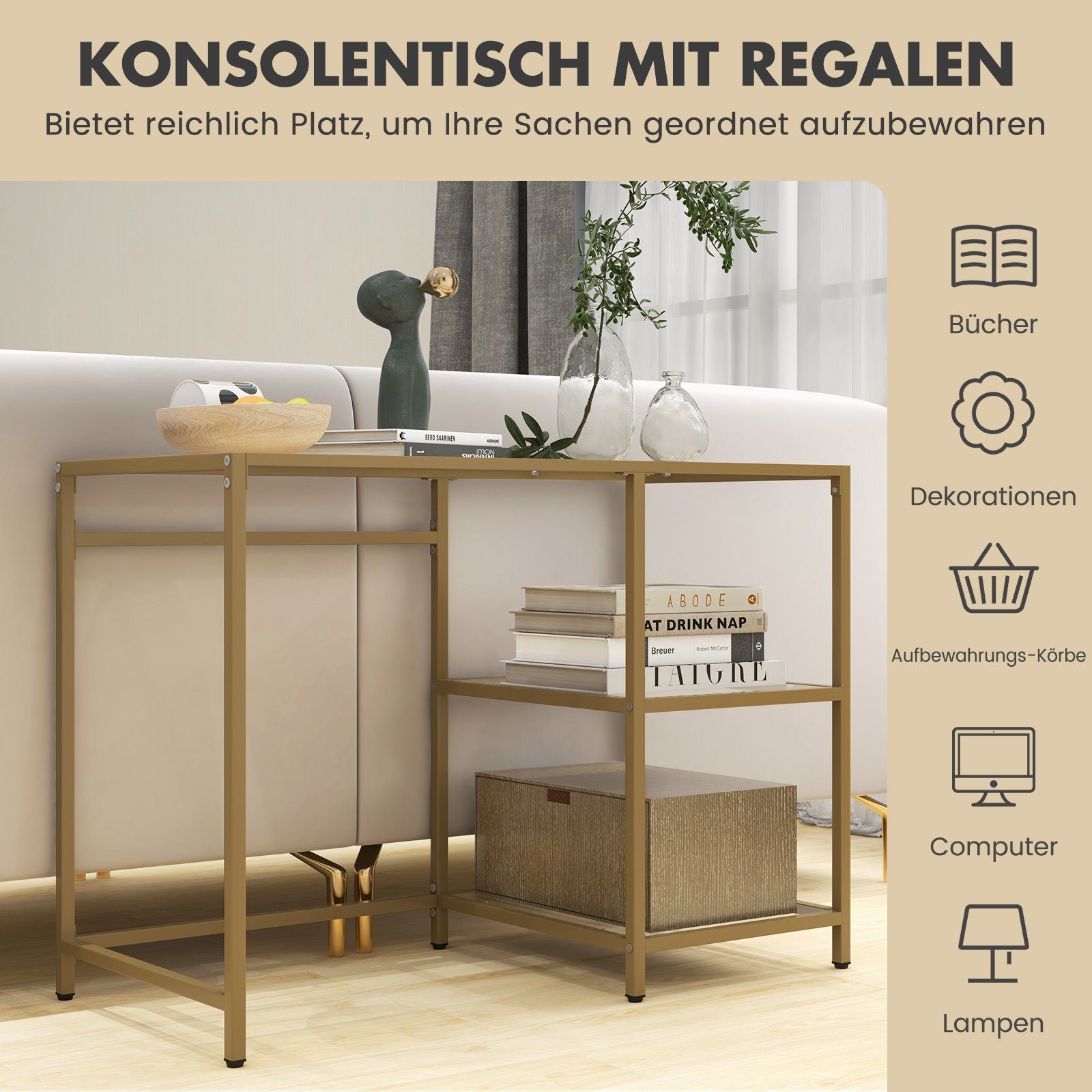 gold, 51x106x76cm Regalen, COSTWAY mit aus 2 Glas, Konsolentisch, gehärtetem