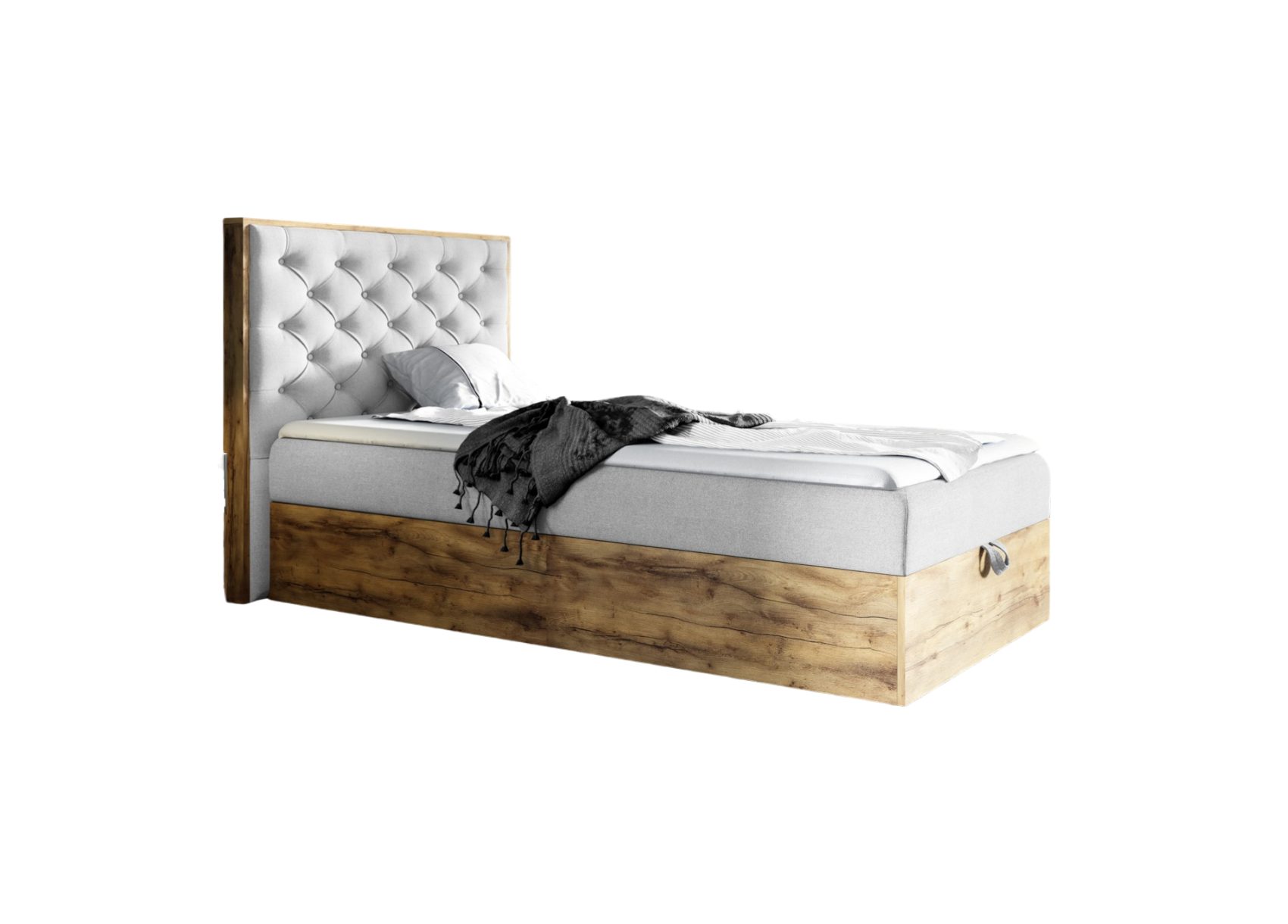 Fun Möbel Boxbett Gästebett Einzelbett Bett DIONA MINI in Stoff (Artisan-Eiche Optik, in drei Größen), Inkl. Bettkasten und Topper