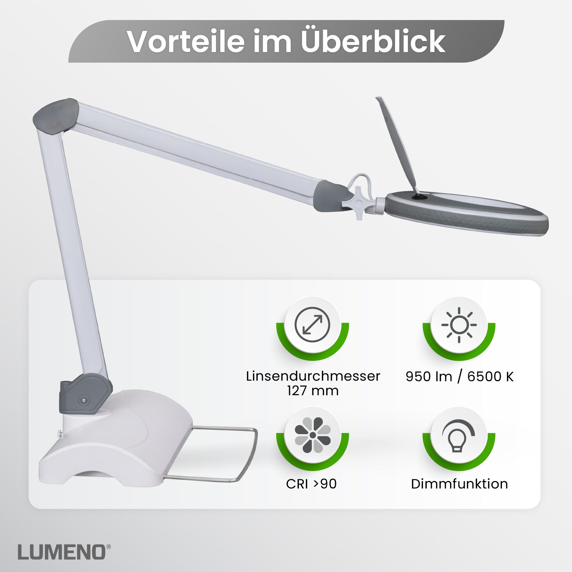 Lumeno Lupenlampe 821X LED dimmbare Lupenlampe mit kristallklarer 127mm Linse, LED fest integriert, Kaltweiß, 6500 K