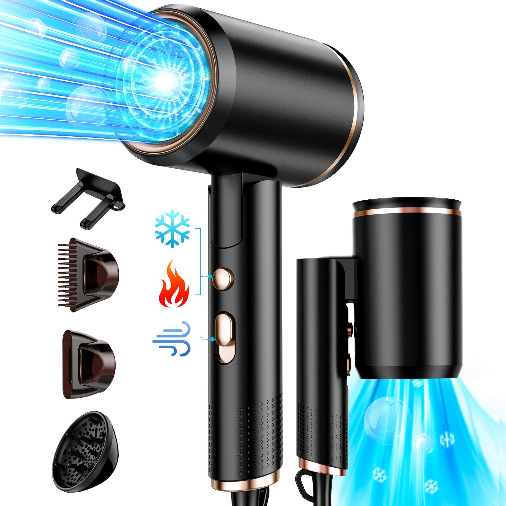 OYLCDI Haartrockner Ionen,klappbar,Schnelltrocknen Hair Dryer,Elektrischer Haartrockner, 2400 W, mit 3 Stylingdüsen & 6 Temperatureinstellungen,Klappbar Haartrockner, Hairdryer Frisuren Zubehör Reisehaartrockner
