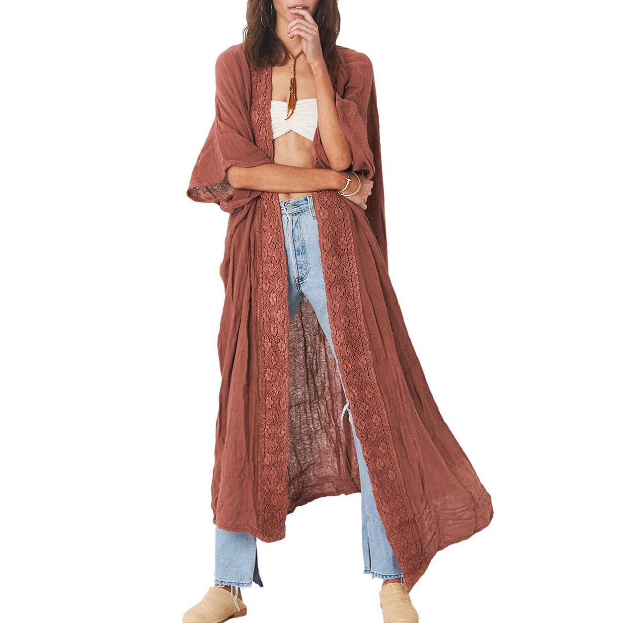 MOPUEA Strandkleid Damen Kimono Kaftan Strandkleid Lang Sommerkleid Bikini Cover Up (Set, 1-tlg., Bequeme Einheitsgröße mit großzügigem Schnitt) Vielseitige Einsatzmöglichkeiten für warme Tage