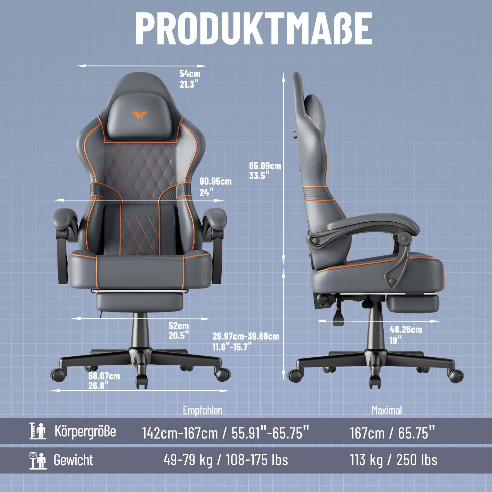 Huracan Gaming-Stuhl Gamer Chair mit verstellbare Kopfstütze und Lendenkissen,Ergonomisch