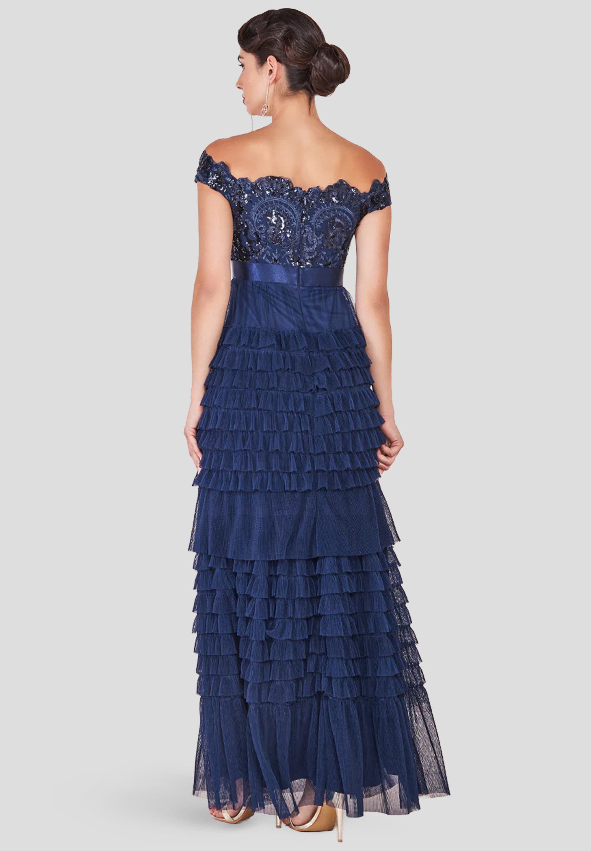 Goddiva Maxikleid Scallop Bardot Ruffle Mesh Maxi langes Kleid