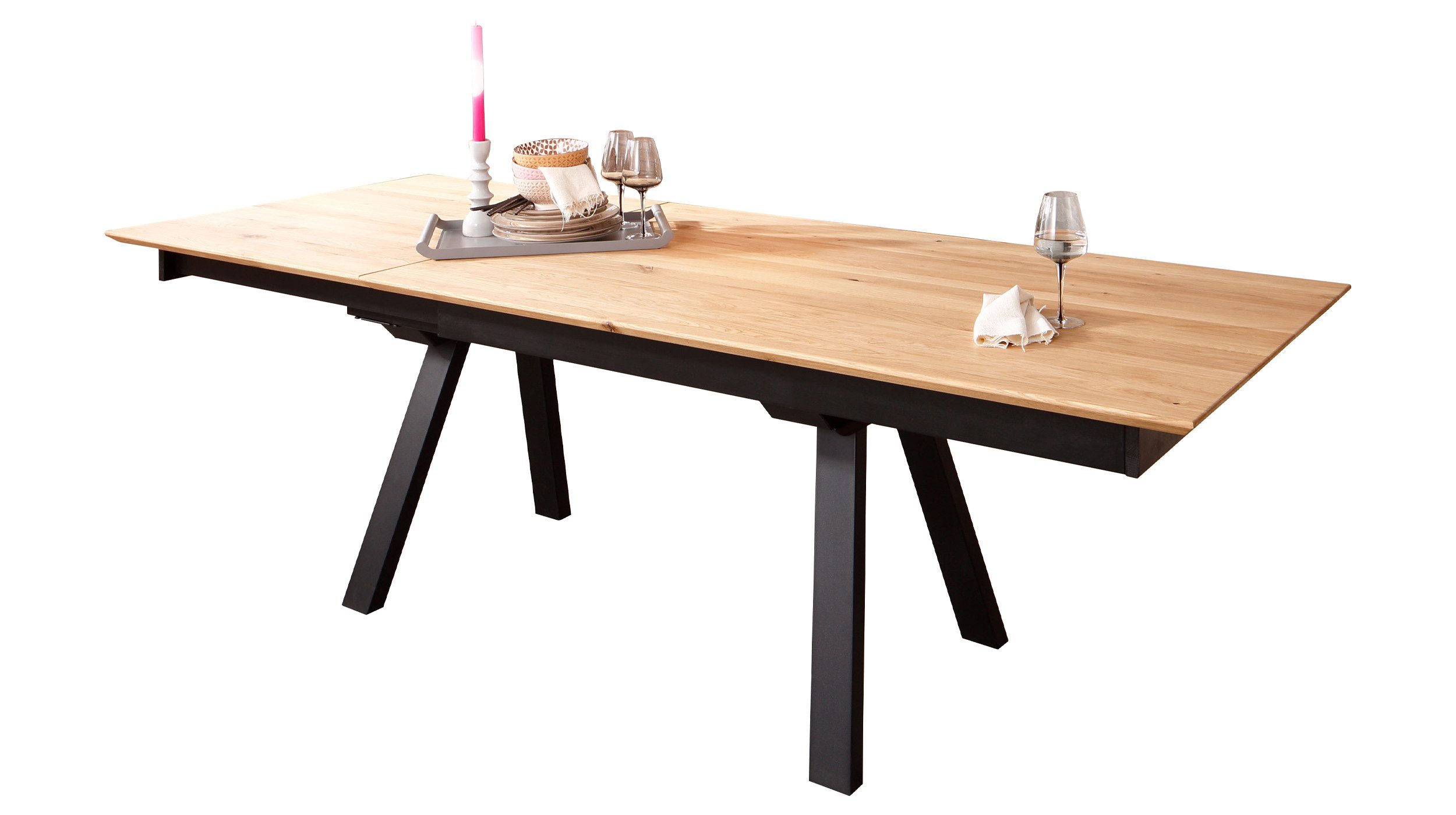 Massivart® Esstisch HEDDA 160 cm oder 180 cm / ausziehbar / Wildeiche geölt, Tischplattenstärke 25 mm / Metallgestell schwarz