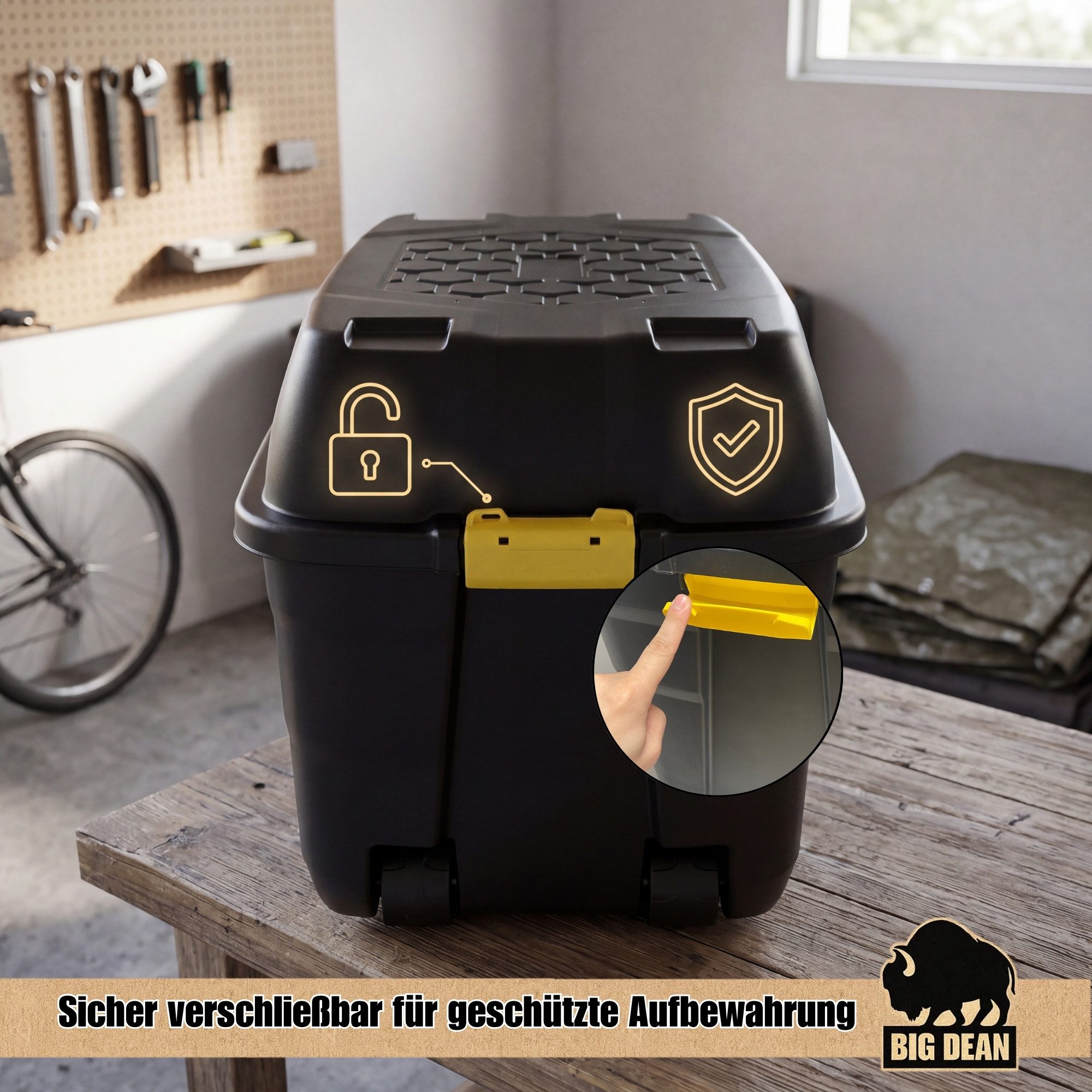BigDean Aufbewahrungsbox Transportbox Nutzvolumen 175 Liter Kunststoff mit Rollen und Deckel (Packung, 1 St., Aufbewahrungsbox), 175L Fassungsvermögen, Integrierte Rollen, Deckel Verschließbar