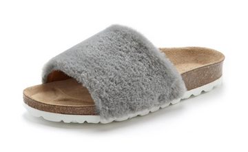 LASCANA Pantoffel Pantolette Mule, Sandale, offener Schuh, Hausschuh, Korkfußbett, Fellimitat