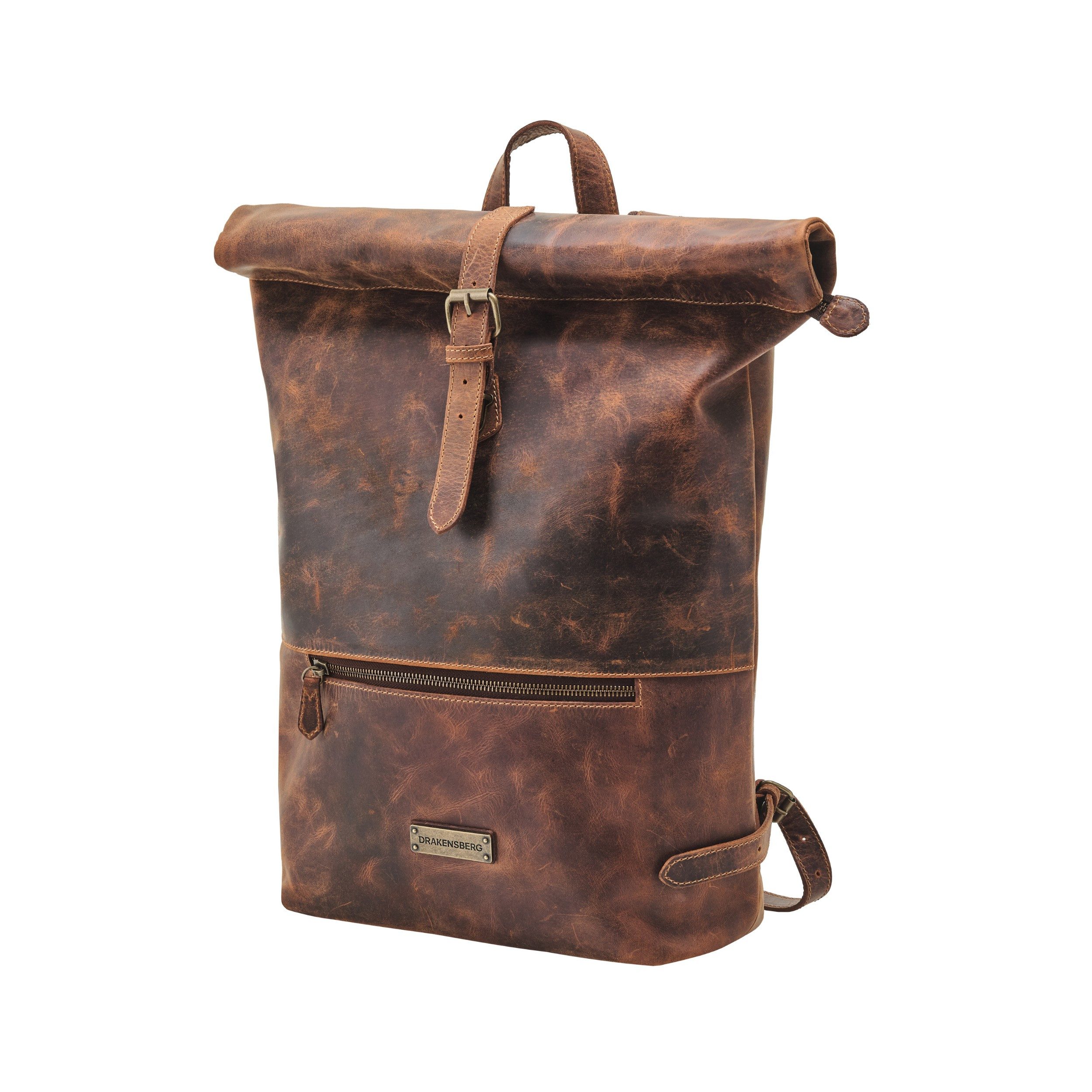 DRAKENSBERG Rucksack Roll-Top »Ryan« Antik-Braun, Herren, Damen, eleganter Fahrradrucksack aus Leder mit Laptopfach