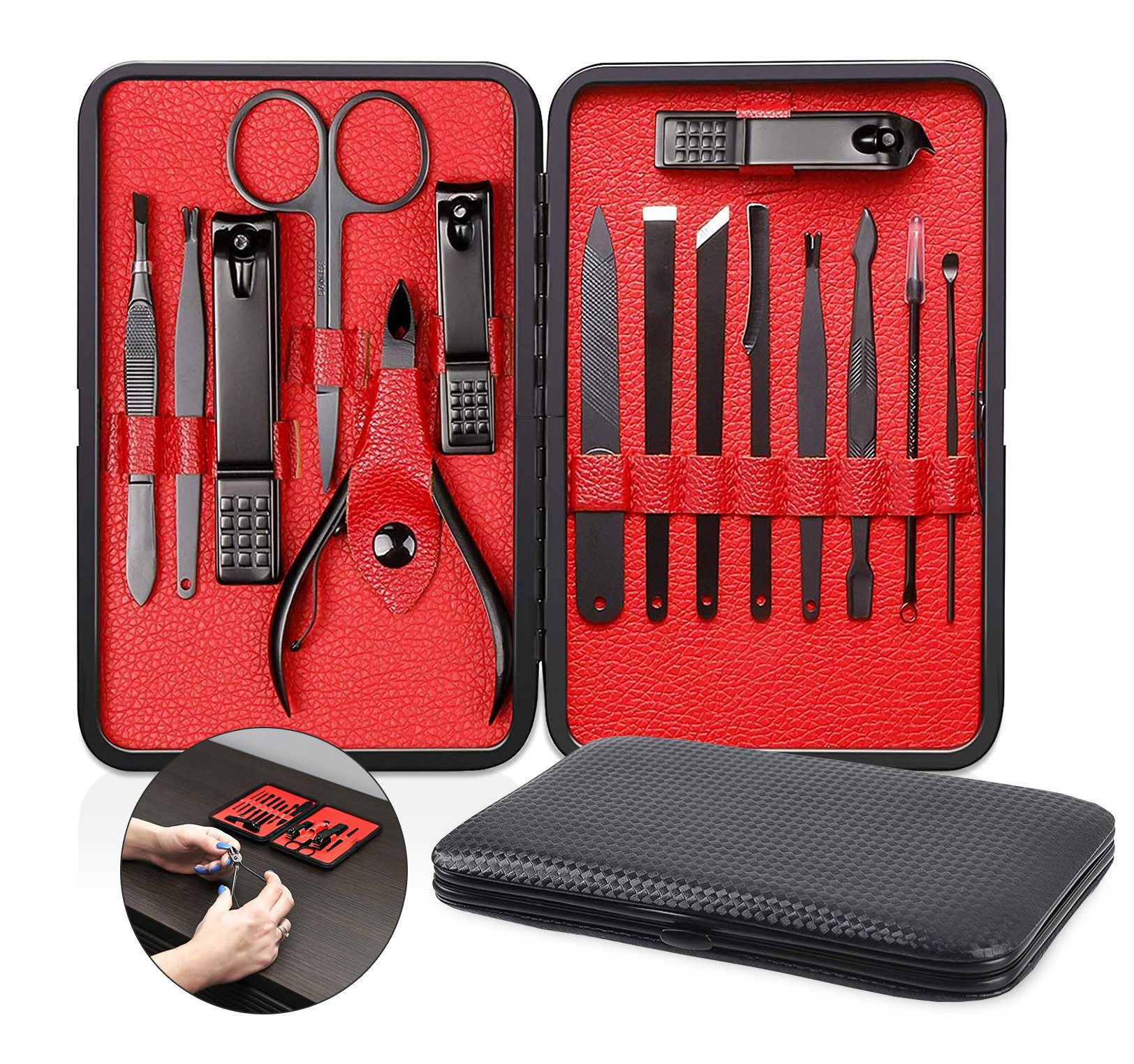 soulima Nagelschere Nagelschere Set: 15-teilig, Premium Qualität, (15 Teilliges Nagelscheren-Set für intensive Pflege, 15-tlg., Hochwertiges Nagelzubehör-Set, 15 Teillig, aus Wolfrahmstahl), Hochwertiges Nagelzubehör-Set aus robustem Wolframstahl in mit Etui.