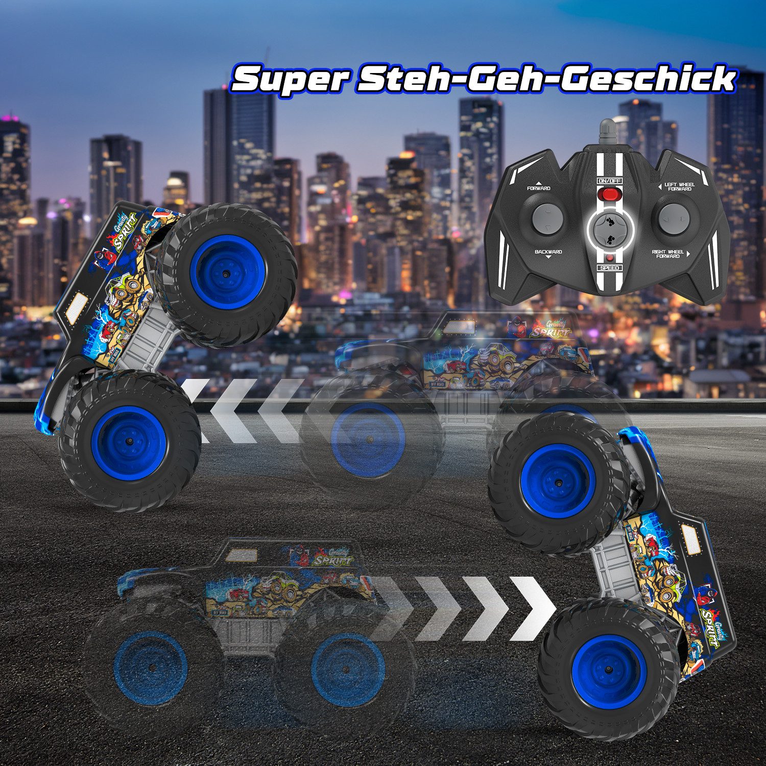 Esun RC-Auto Monster Truck Ferngesteuert mit Licht 360°Drehung Ferngesteuertes Auto (SET, 2.4GHz Ferngesteuerter Monstertruck), 1:16 Amphibienfahrzeug Ferngesteuerter Monstertruck
