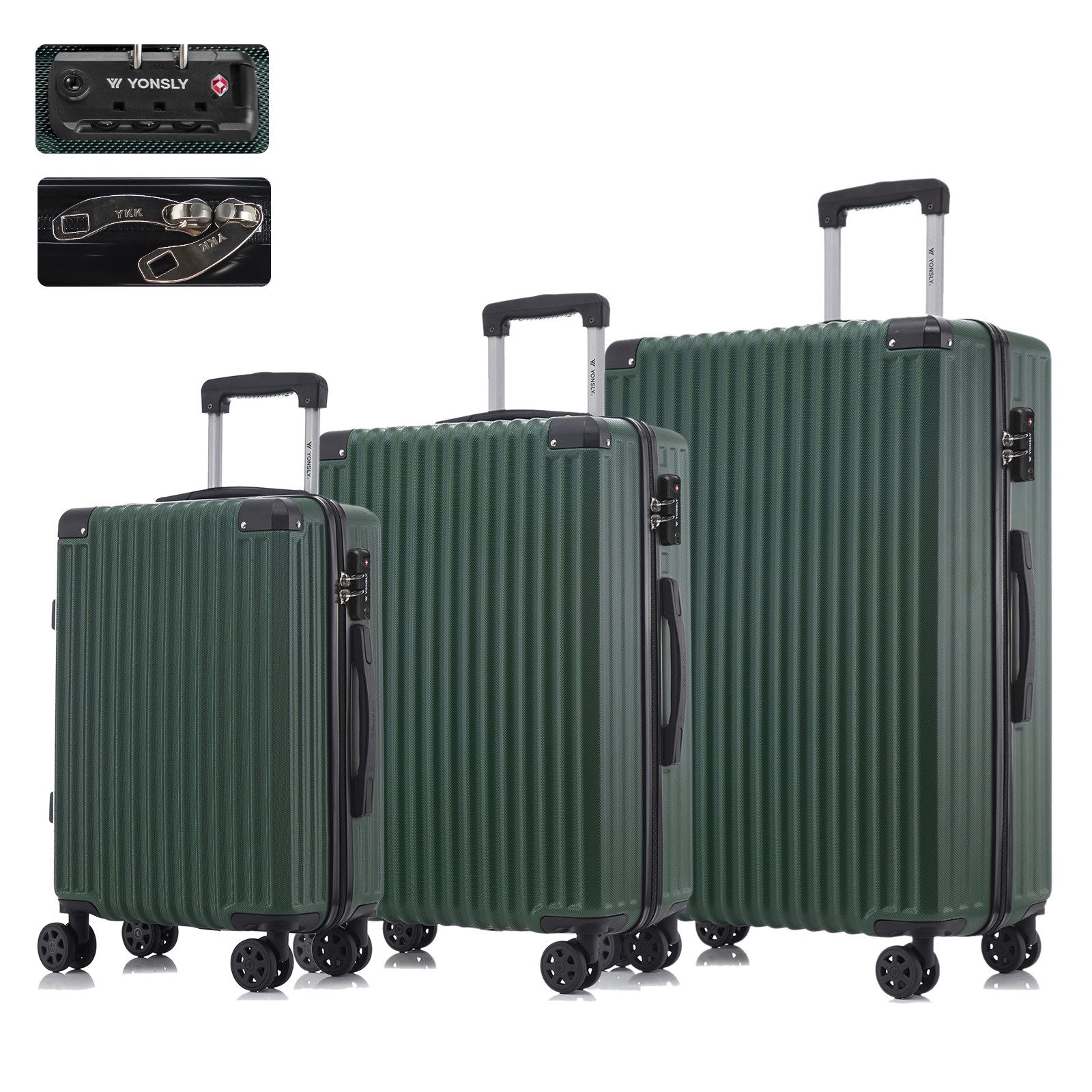 YONSLY Kofferset Reisekoffer Trolley Hartschale ABS für Urlaubs- & Geschäftsreisen, 4 Rollen, (Hartschale, 3 tlg., M/L/XL), TSA-Schloss, YKK-Reißverschluss & austauschbare Rollen/Griffe