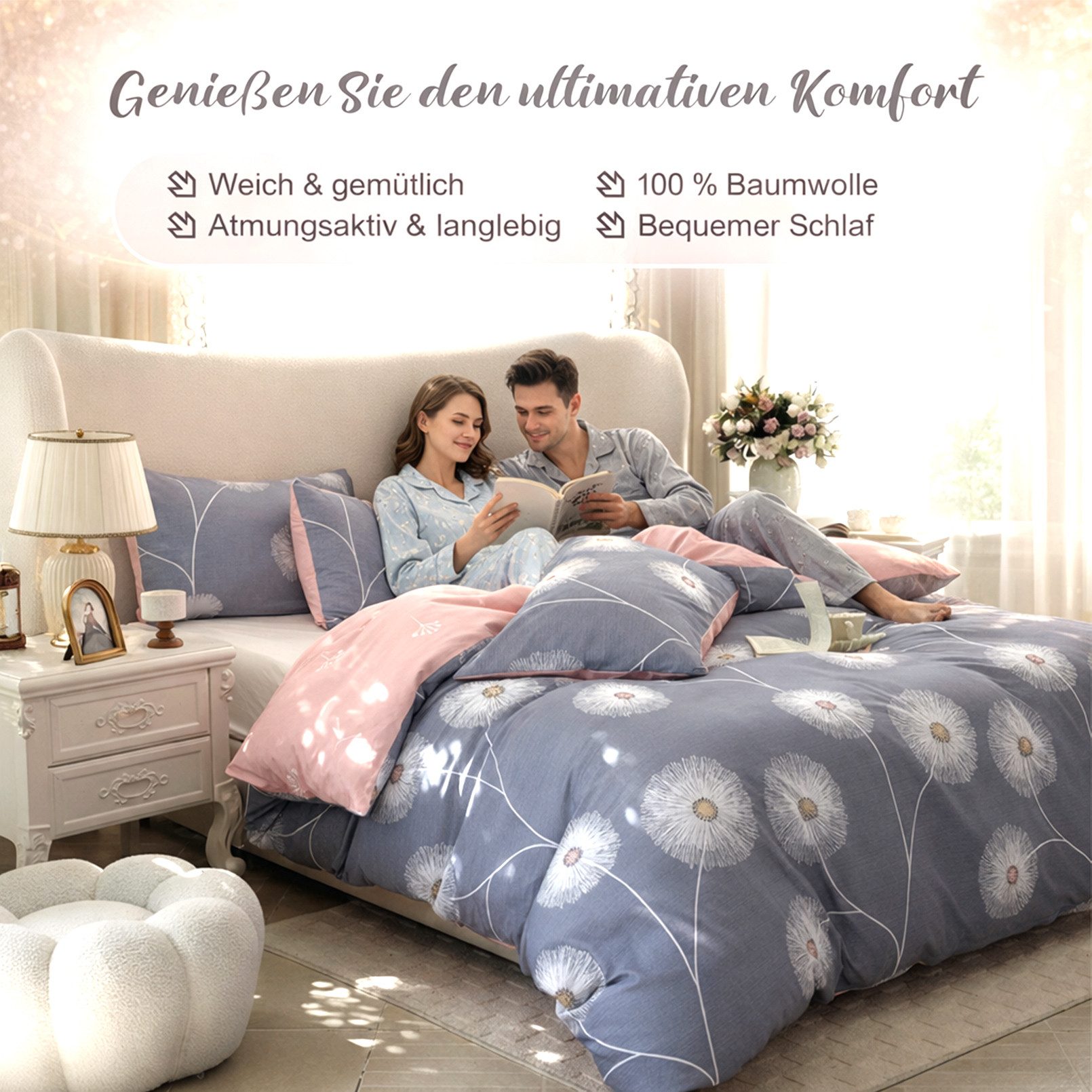 KEAYOO Bettwäsche XDD, Baumwolle, 4 teilig, 100% Baumwolle Grau Rosa Wendebettwäsche mit Reißverschluss