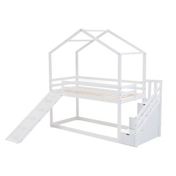 XDeer Kinderbett Kinderbett Hausbett,Etagenbett mit Rutsche und Leiter, Etagenbettgestell aus Massivholz mit Lattenrost 90 x 200 cm