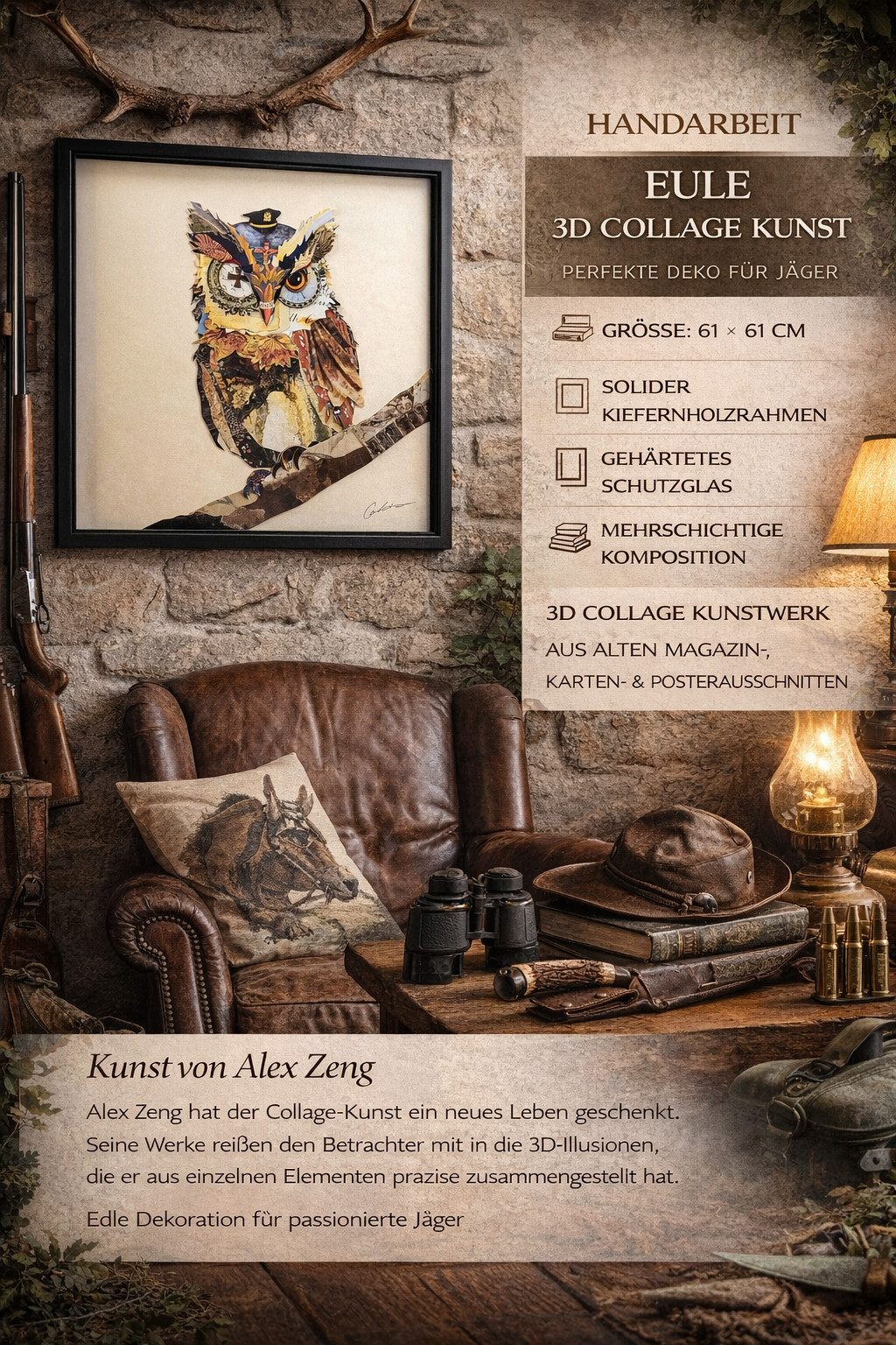ROOGU Bilder-Collage ROOGU 3D Collage Kunst Art Wandbild Handgefertigt, Eule