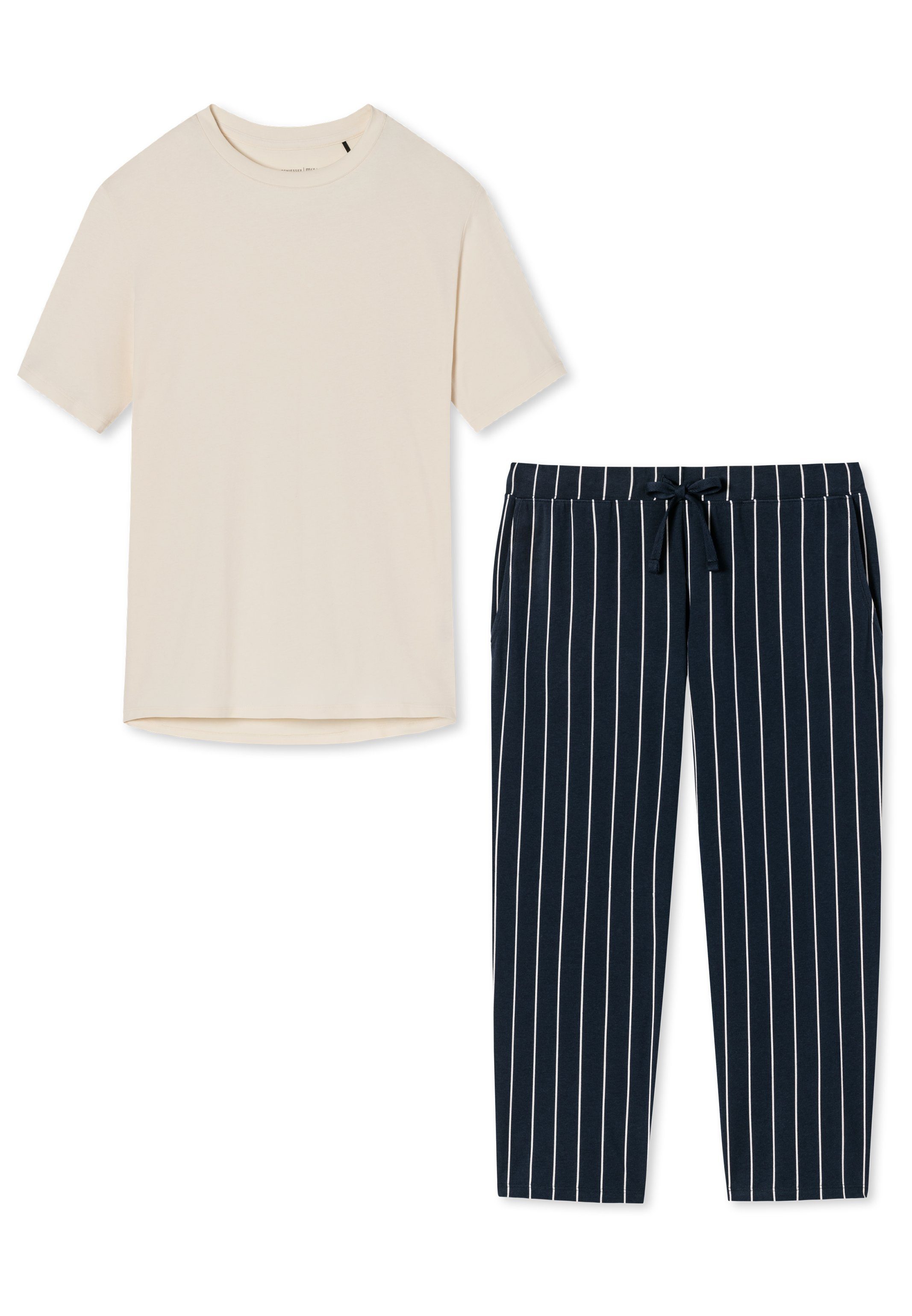 Schiesser Pyjama Organic Cotton (Set, Creme - gestreift / Baumwolle tlg) - 2 Schlafanzug Blau