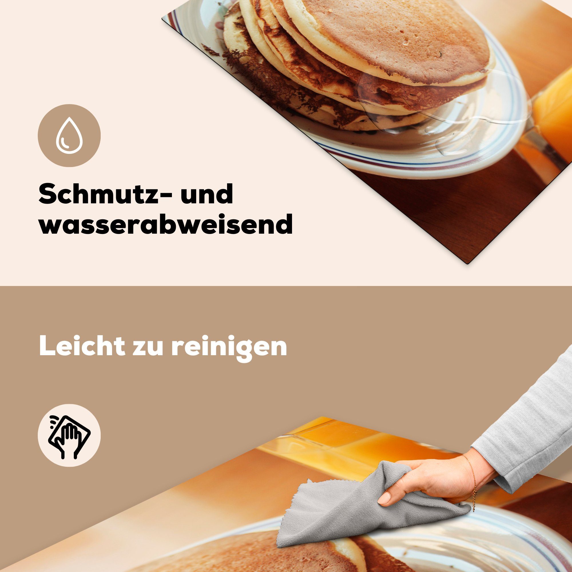 einem Teller, Pfannkuchen Herdblende-/Abdeckplatte tlg), cm, für auf 81x52 Schutz die küche, (1 Vinyl, Ceranfeldabdeckung Induktionskochfeld Aufgetürmte MuchoWow