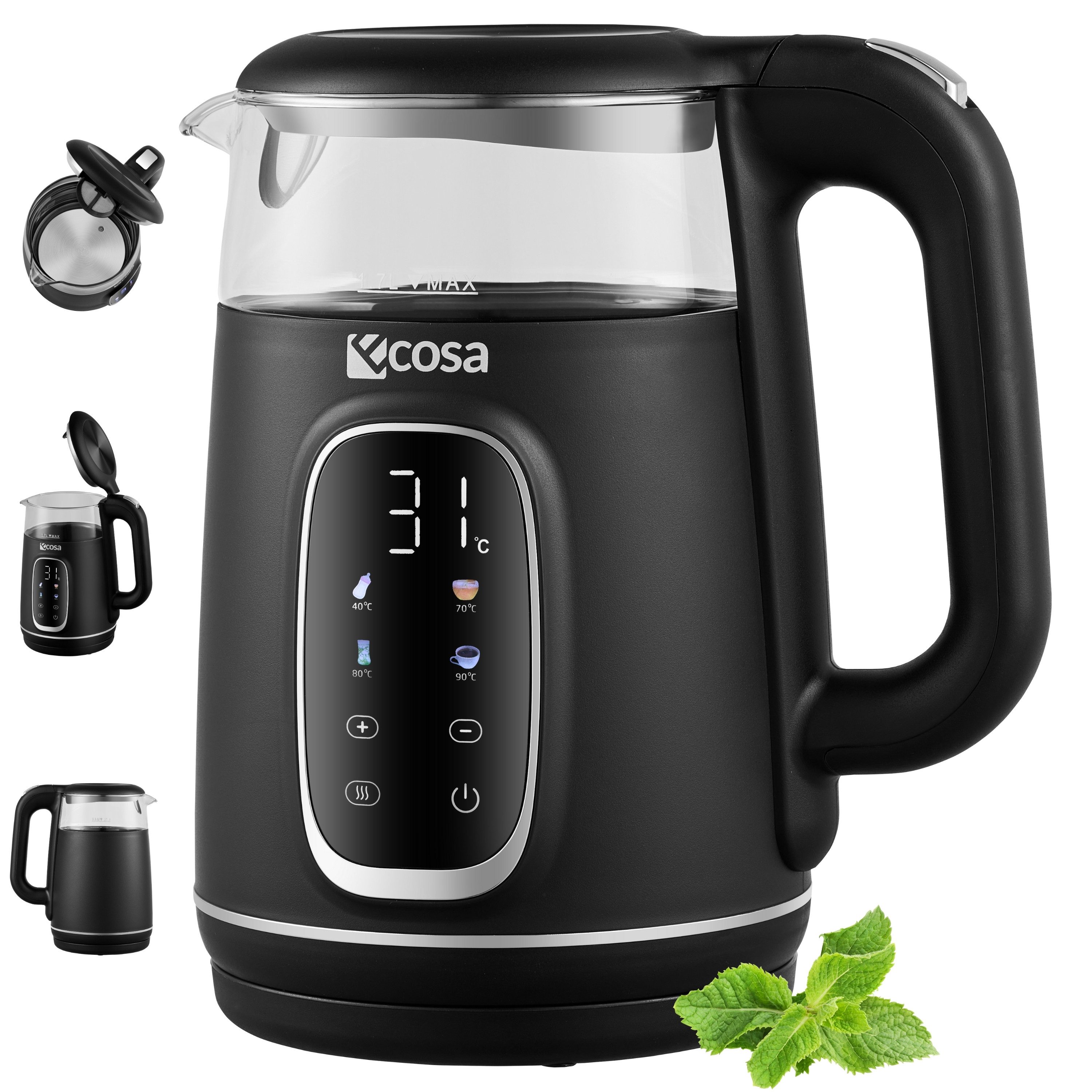ecosa Wasserkocher EO-697, 1.7 l, 2200 W, Großes digitales Farb-Touchdisplay mit Sensortasten