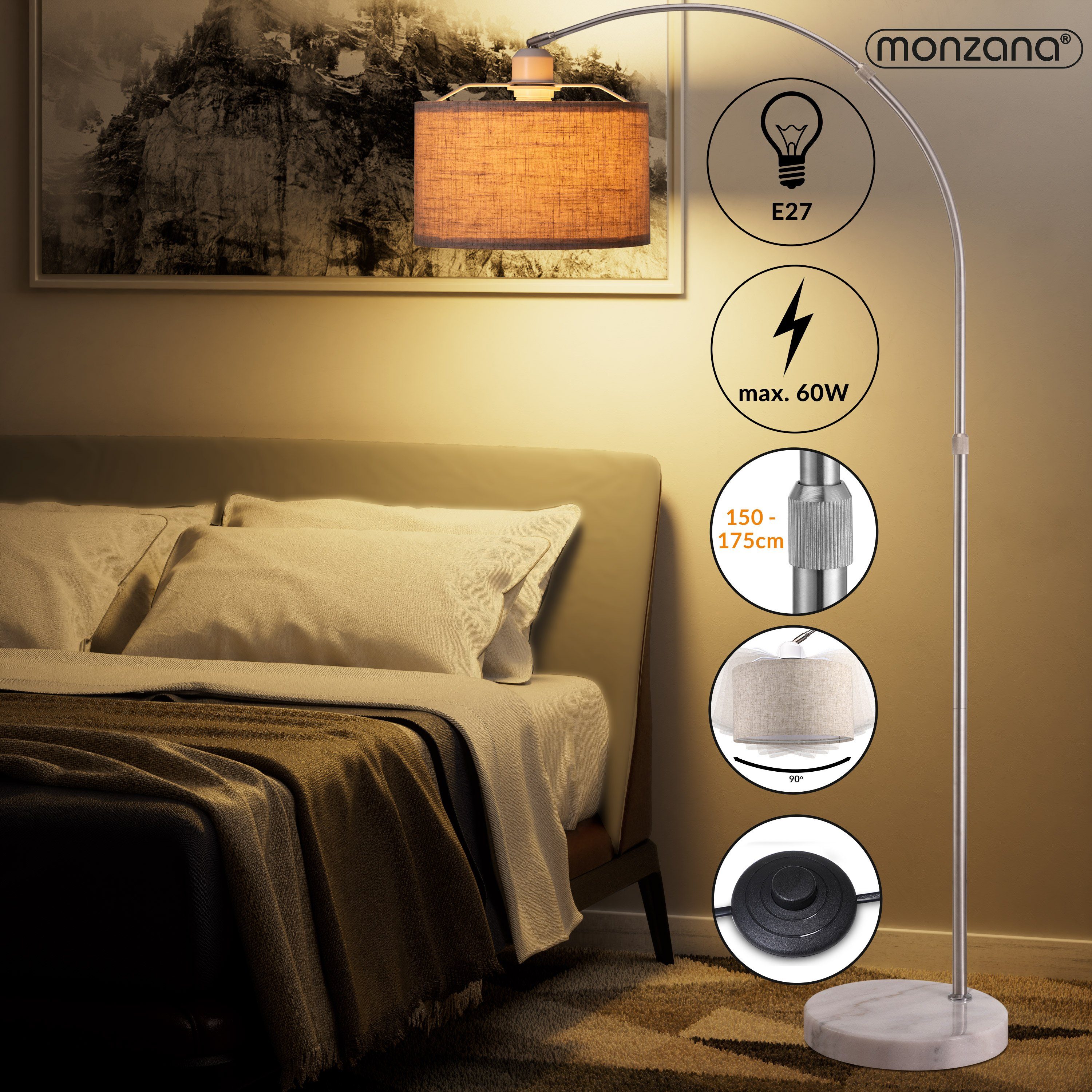 monzana Stehlampe, Bogenlampe, Stoffschirm Leinen Marmorfuß günstig online kaufen
