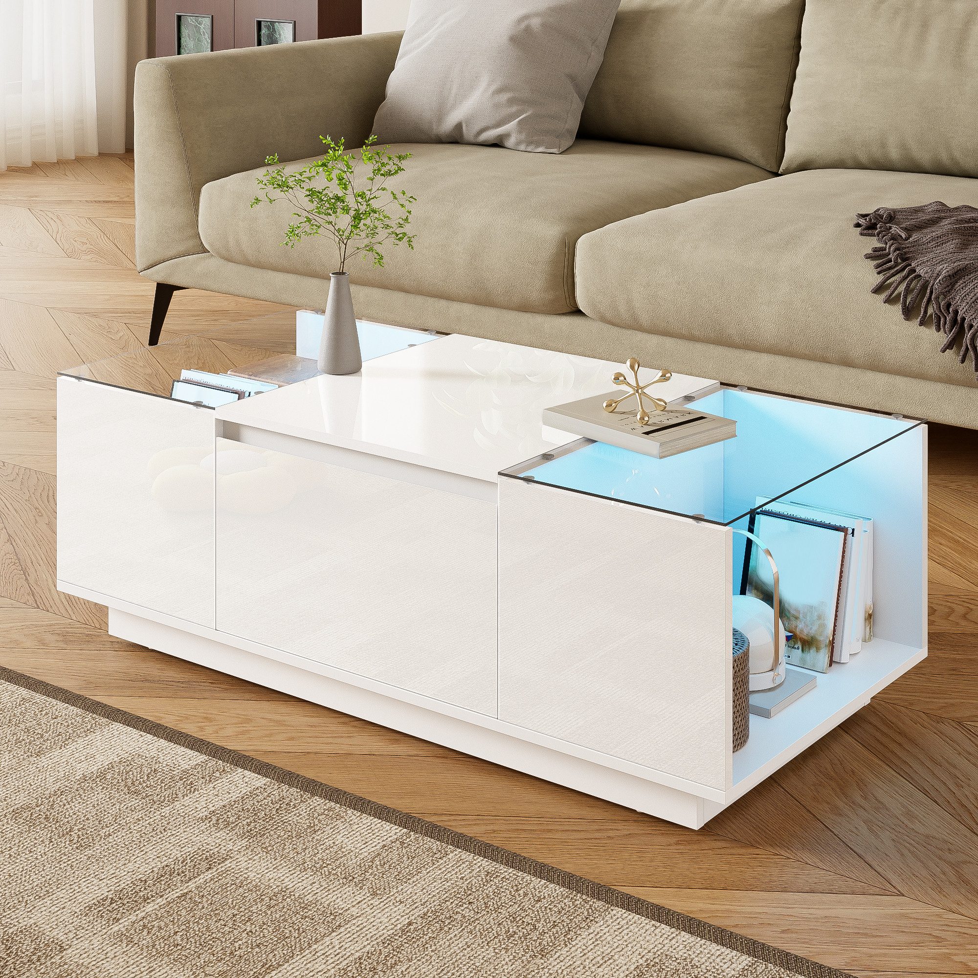 Merax Couchtisch Sofatisch Beistelltisch mit LED-Beleuchtung (1-St., 105 L x 50 B x 35 H (cm), Wohnzimmertisch mit 2 Schubladen, Glasplatte & offenen Stauraum – Bild 4 von 5