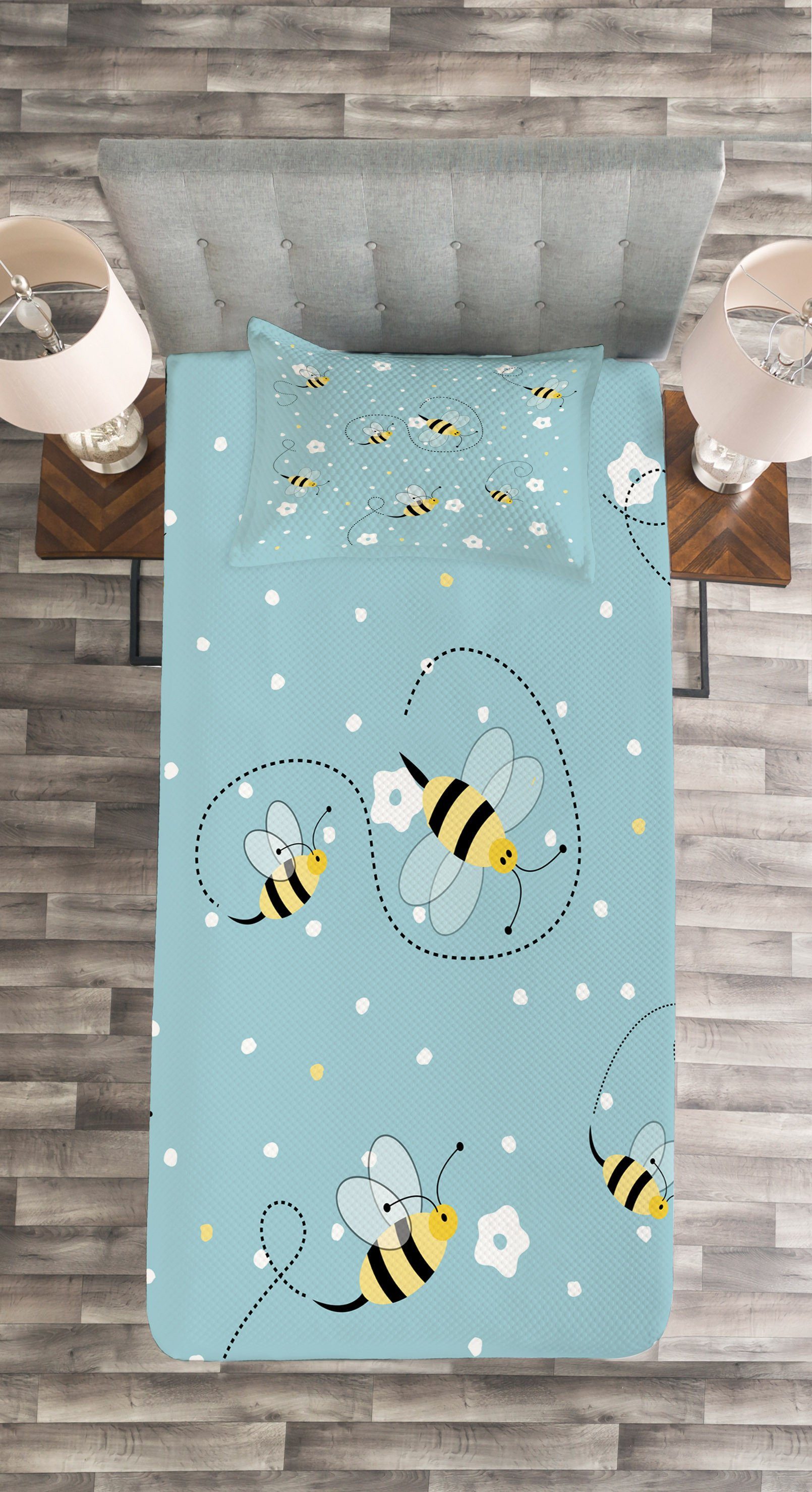 Bienen Waschbar, Cartoon Blumen Set Frühling und Tagesdecke Abakuhaus, Kissenbezügen mit