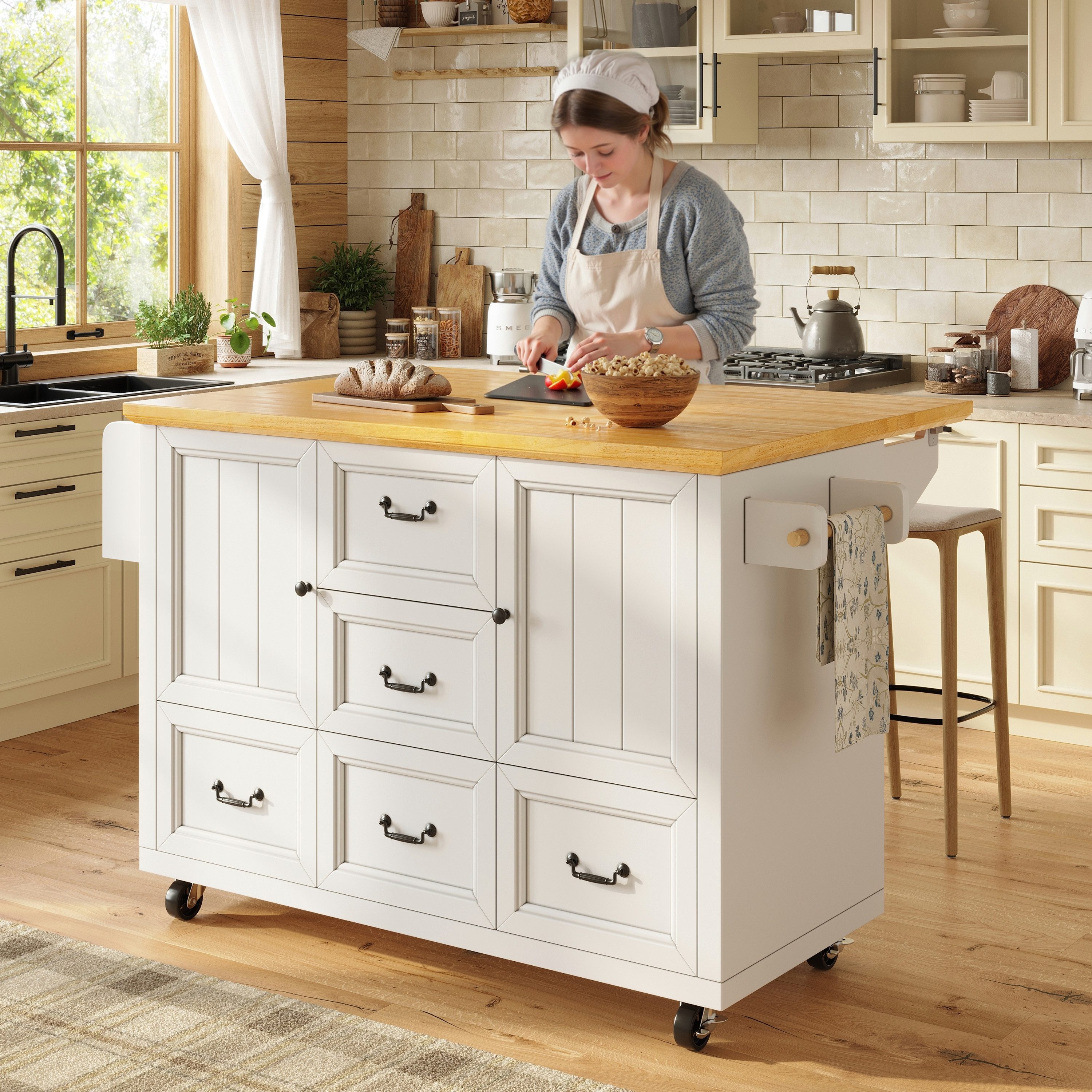 KLAM HOME Kücheninsel Kücheninsel mit ausziehbarer Arbeitsplatte und Rollen, (Vielseitiges Sideboard mit integriertem Gewürzregal), Flexibler Küchenwagen mit verstellbaren Einlegeböden