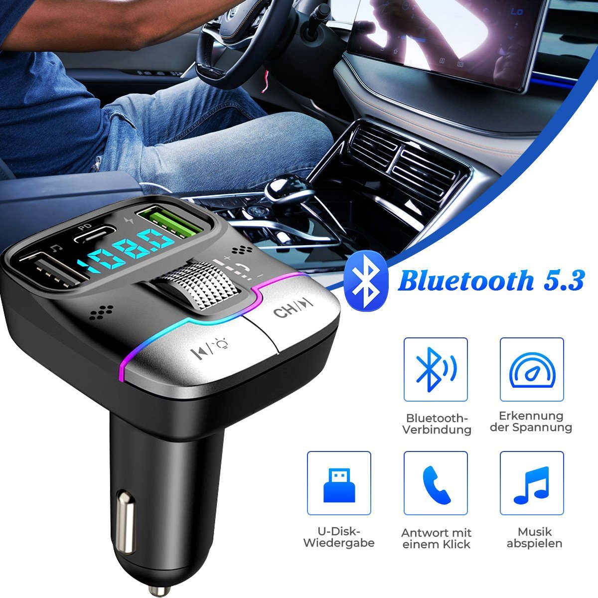 MOOHO Bluetooth 5.3 FM Transmitter für Auto KFZ-Transmitter, Typ C