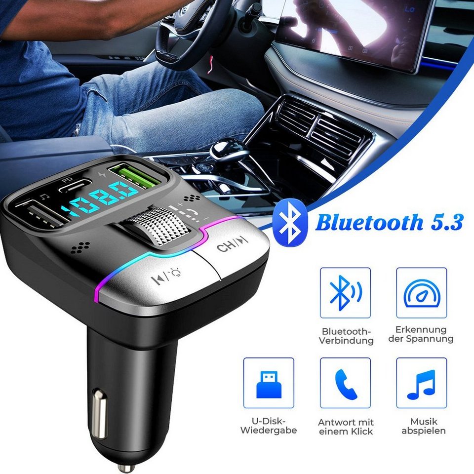 MOOHO Bluetooth 5.3 FM Transmitter für Auto KFZ-Transmitter, Typ C PD 25W  Dual USB Schnell Auto Ladegerät, MP3 Auto Player