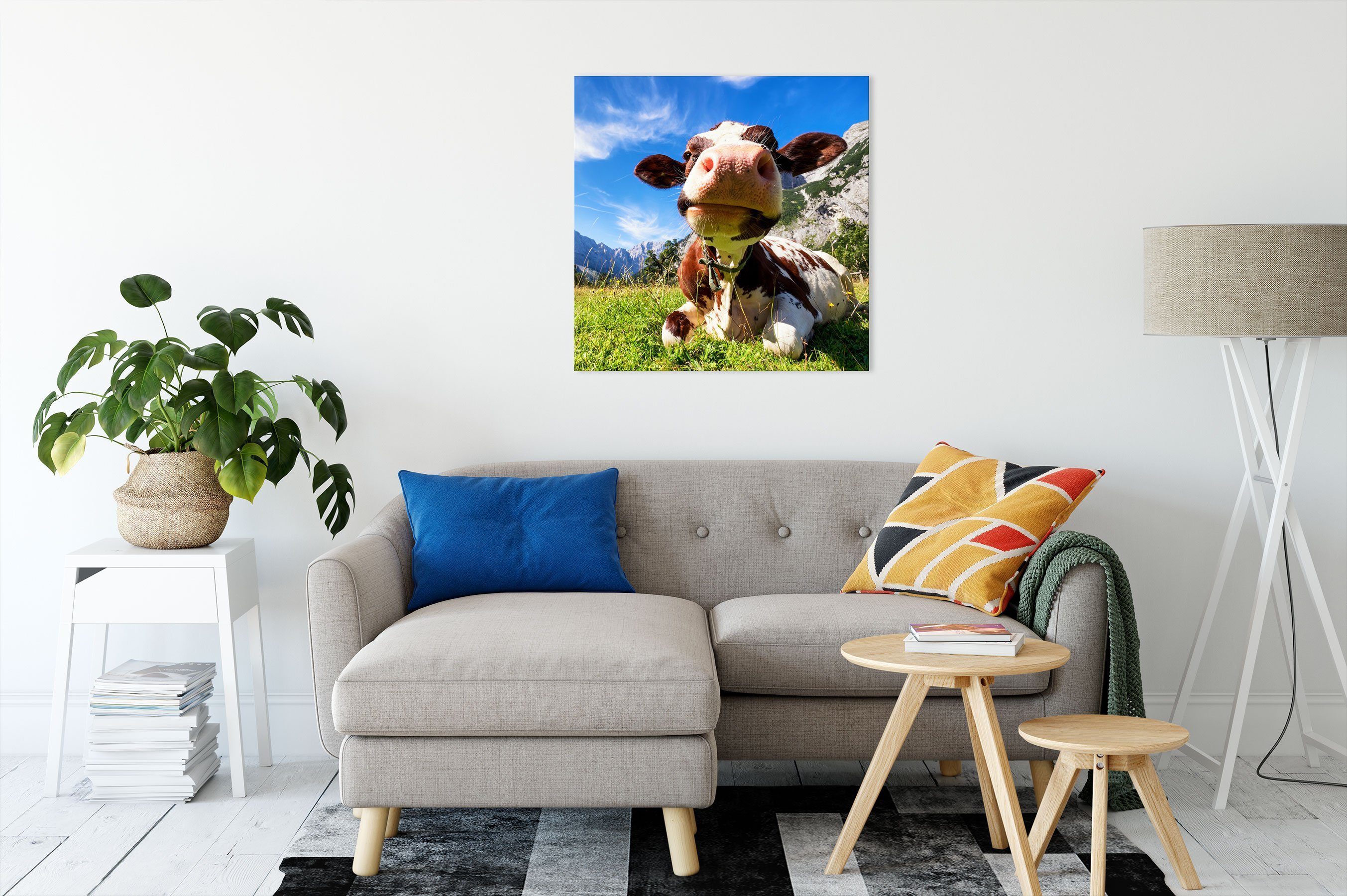Pixxprint Leinwandbild Kuh im Karwendelgebirge, fertig (1 Karwendelgebirge Zackenaufhänger Kuh St), inkl. im bespannt, Leinwandbild