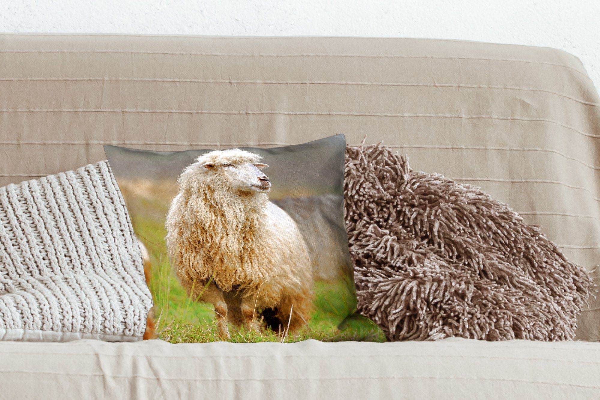 Wolle Deko, MuchoWow Gras, - für mit Schafe Schlafzimmer, Sofakissen Dekokissen Wohzimmer, - Füllung Zierkissen