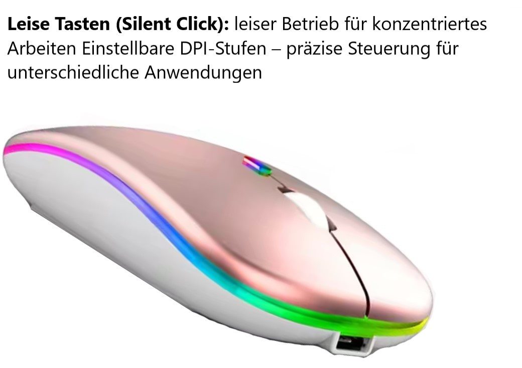 Wrischan Kabellose Wiederaufladbare Bluetooth-Maus – Roségold, Leise & Präzise Mäuse (Maus mit 3 Tasten, einstellbarer DPI und einer DPI von 1600)