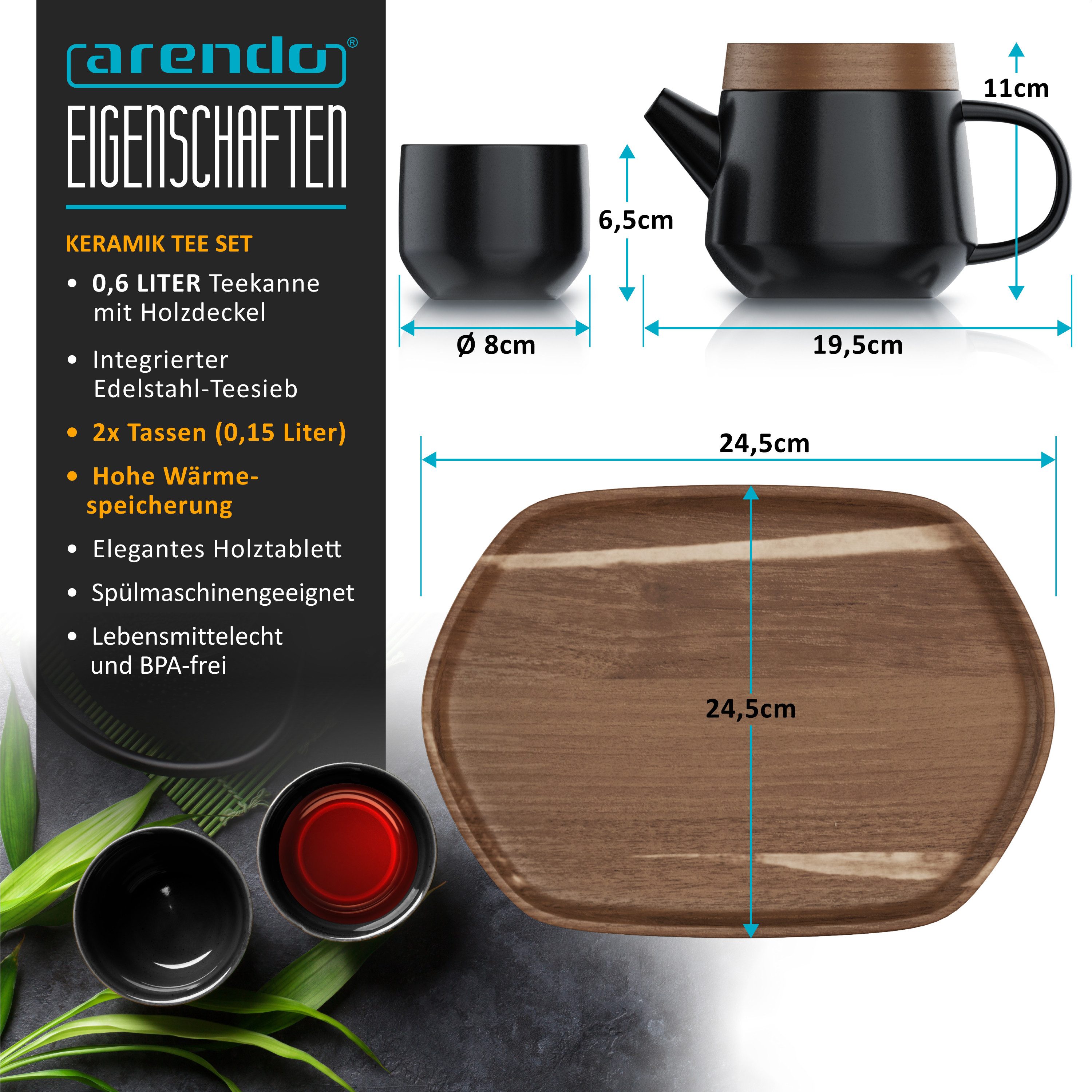 Arendo Teeservice Keramik Teekannen Set 0,6 L, modernes japanisches Design mit Teesieb (5-tlg), 2 Personen, Porzellan / Keramik, Porzellan, Teekanne mit Deckel Untersetzer 2 Teetassen & Tablett