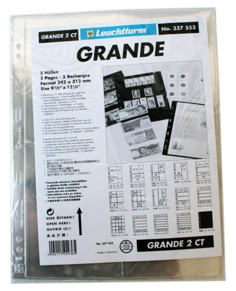 Leuchtturm Sammelkarte Kunststoffhüllen GRANDE, 4 Taschen Postkarten Einteilung, klar, 5er