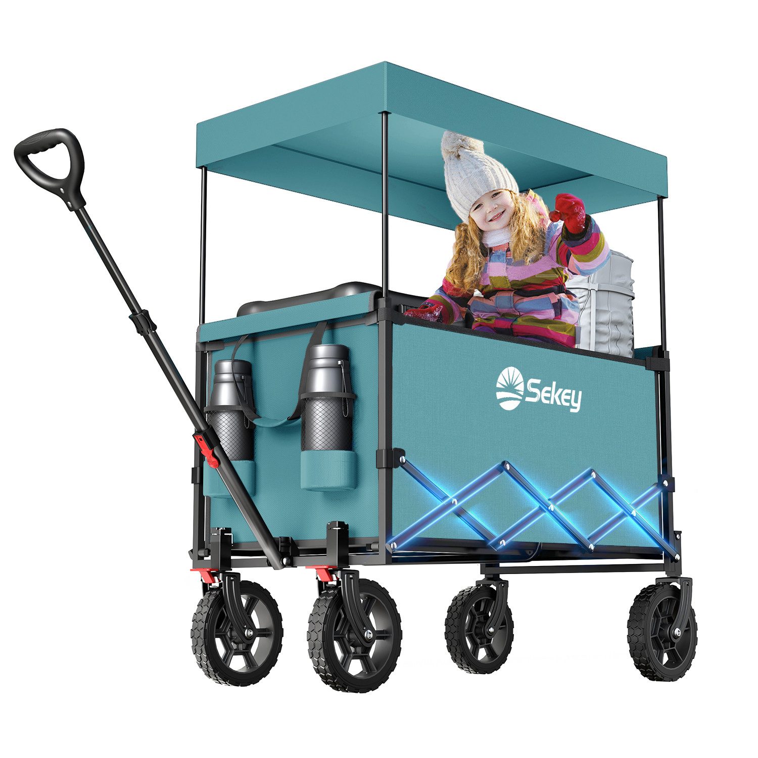 Sekey Bollerwagen Bollerwagen Faltbar mit Dach, 150L Handwagen Tragfähigkeit von 150 kg, Klappbarer Transportwagen mit Sonnenschutz für Ausflug Strand Camping