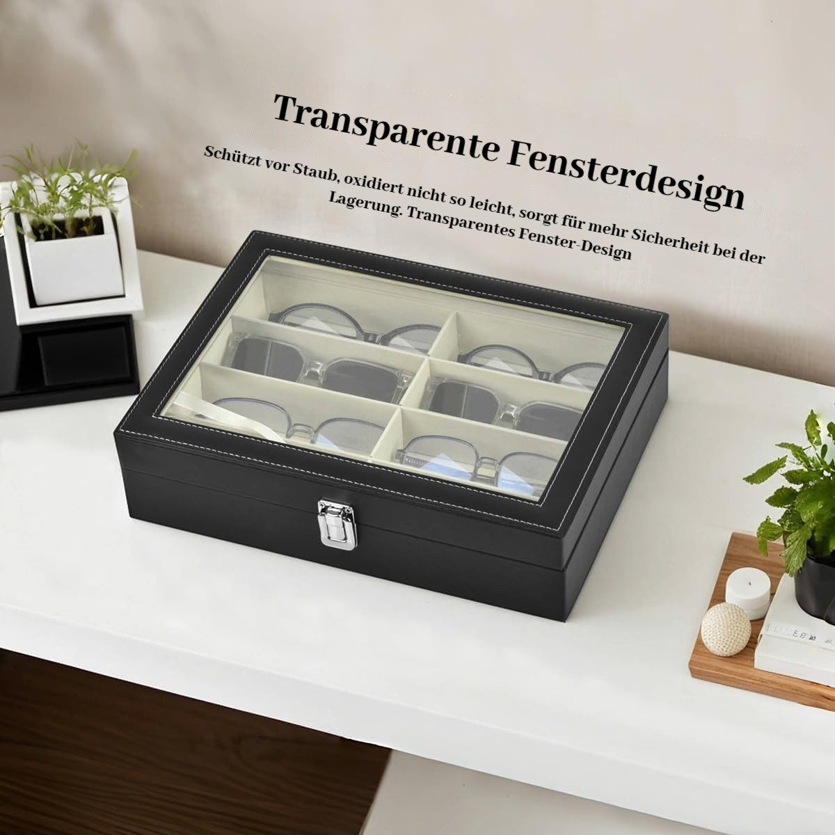 BlingBin Aufbewahrungsbox Schmuckkasten Brillenbox zur Aufbewahrung von 8 Brillen (1er Set, 1 St., 8 Fächer), 34 x 25 x 9 cm Sonnenbrillen Präsentation Brillendisplay