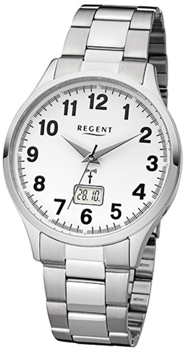 Regent Funkuhr Regent Herren-Armbanduhr silber, (Funkuhr), Herren Funkuhr rund, groß (ca. 40mm), Edelstahlarmband