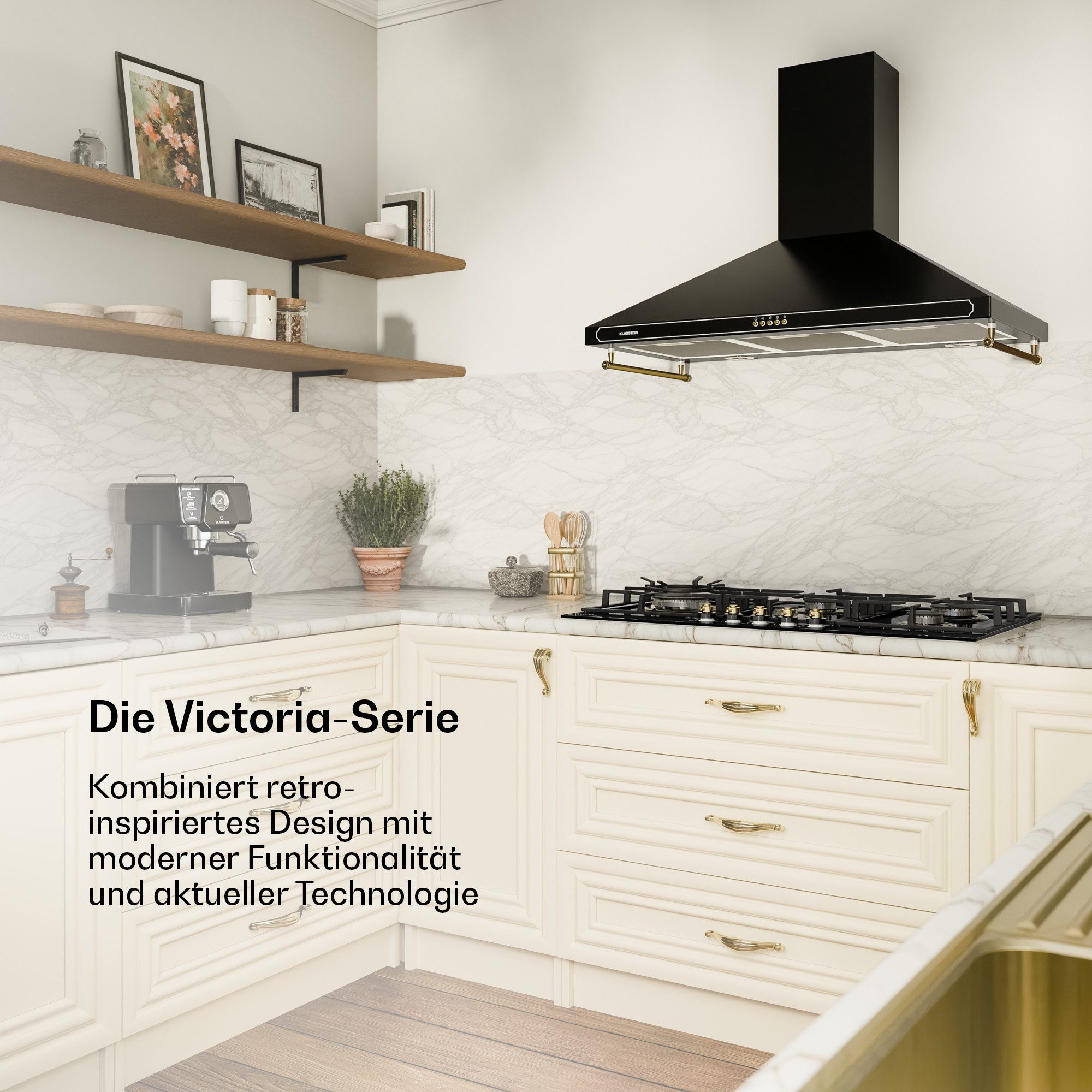 Klarstein Gas-Kochfeld Victoria Chef Edition Gas 5 Zonen Wok-Brenner Glaskeramik Retro, Gasherd Einbau Hob mit Wok-Brenner & elektrischer Zündung