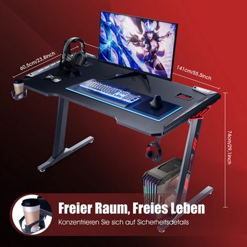 WILGOON Gamingtisch Gaming Schreibtisch mit LED, Computertisch mit Kohlefaser Oberfläche, PC Gaming Tisch für Gaming mit Kopfhörerhaken und Getränkehalter