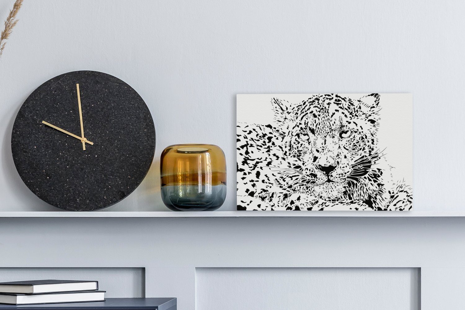 OneMillionCanvasses® Leinwandbild Aufhängefertig, Schneeleoparden, eines Leinwandbilder, Schwarz-Weiß-Illustration 30x20 St), Wanddeko, (1 cm Wandbild liegenden