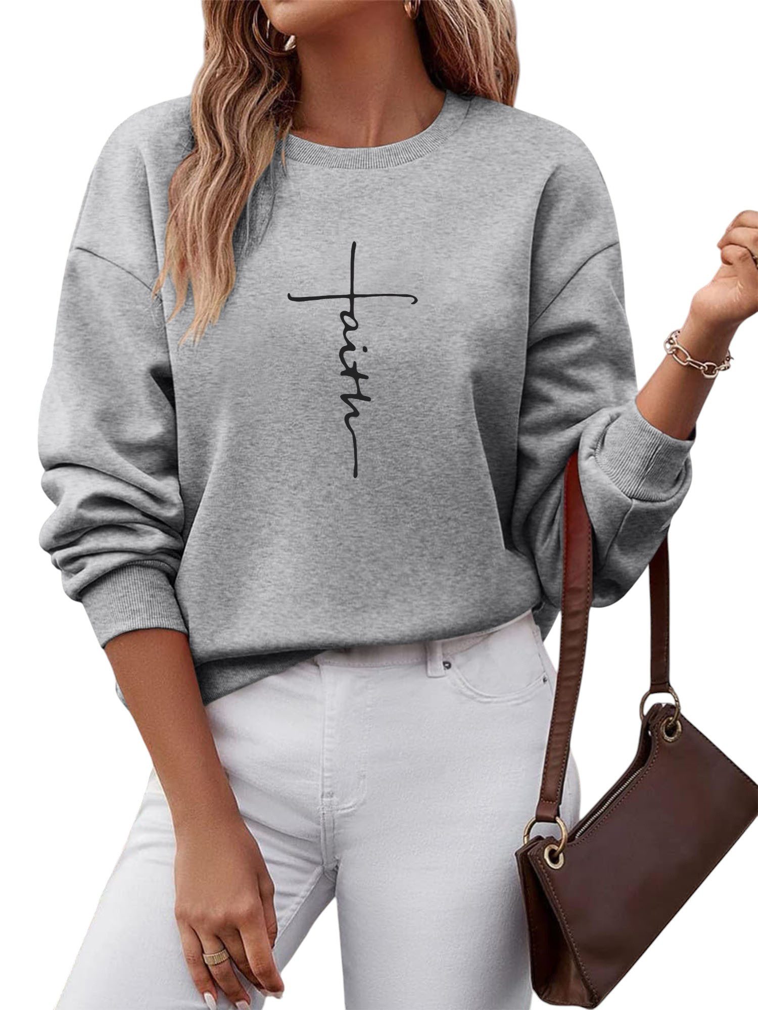PYLIKE Fleecepullover Fleecepullover Damen,Sweatshirt mit kreuzen Print,Lan günstig online kaufen