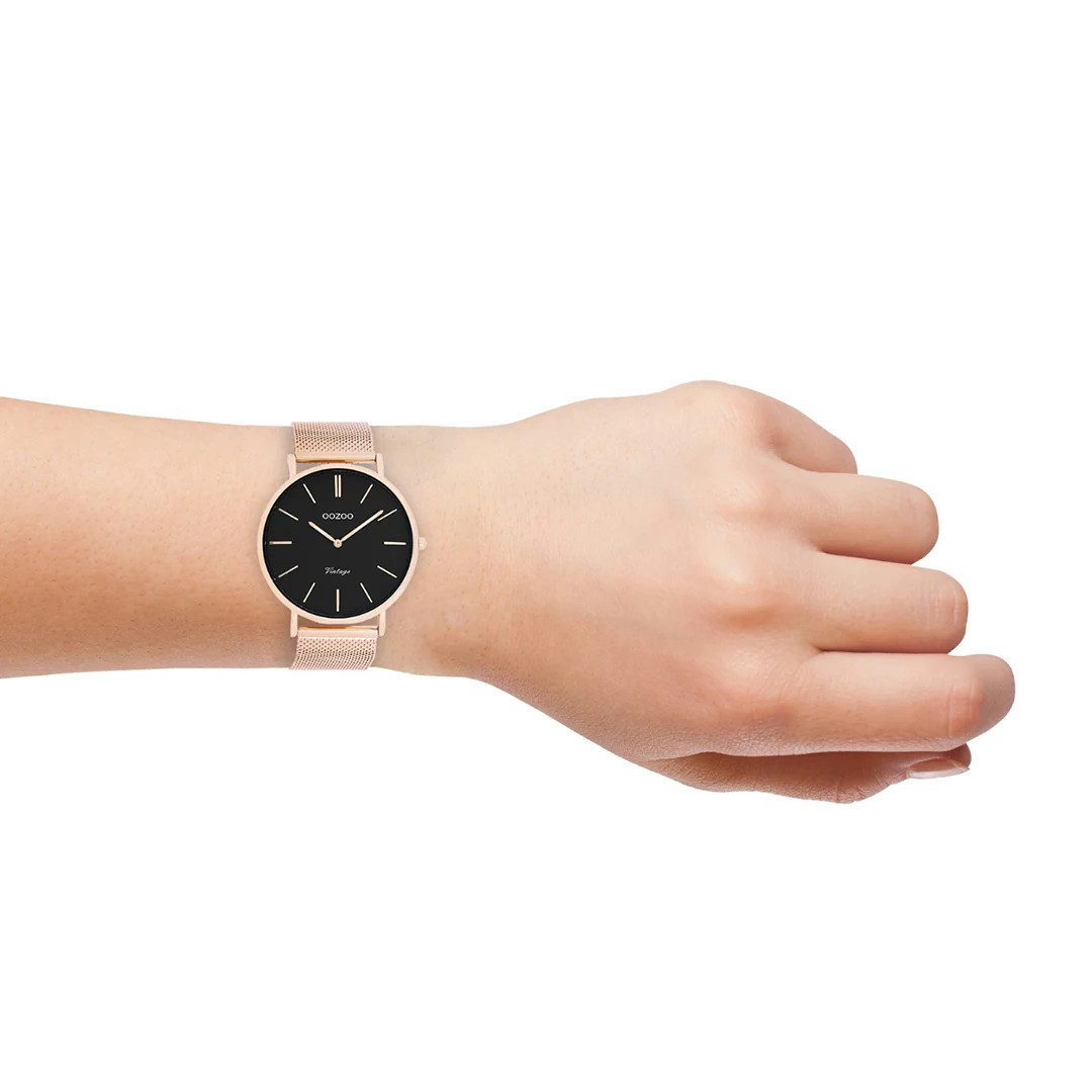 OOZOO Quarzuhr Vintage Armbanduhr C9925 – Rosé/Schwarz, 40 mm Gehäuse, C9925, elegantes Milanaiseband - Minimalistische Damenuhr mit IP-Beschichtung