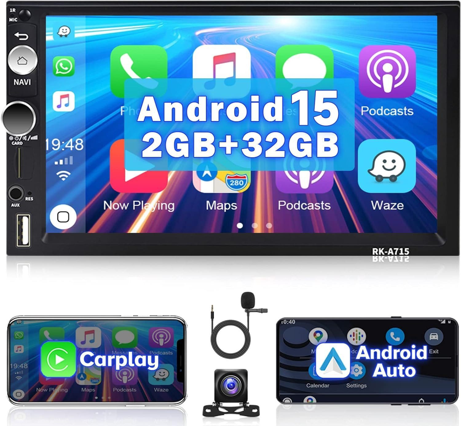 Hikity 7 Zoll HD 2 DIN Autoradio Android 15.0 2+64GB mit GPS Navi Bluetooth Autoradio (Digitalradio (DAB), Bluetooth, Networking Download, RDS, Touchscreen, Android Auto, Apple CarPlay)
