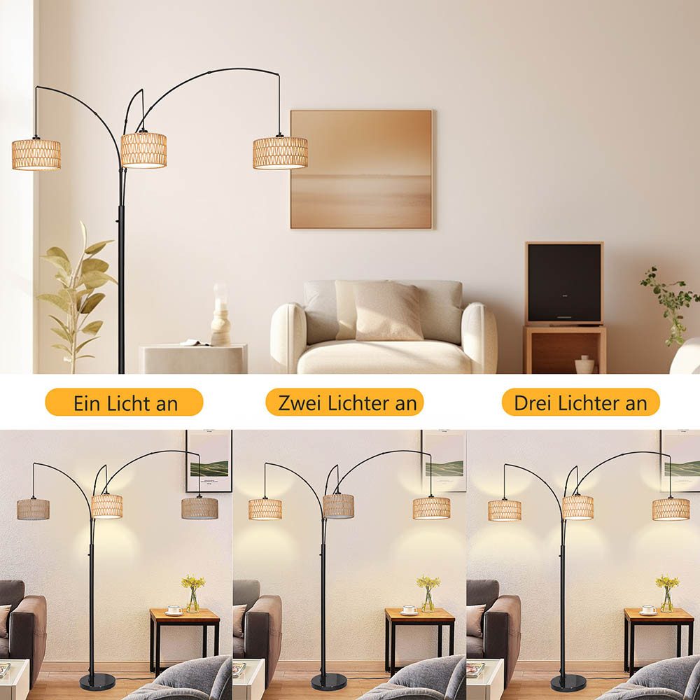 LMaxhome LED Stehlampe Boho Stehleuchte Rattan Drehknopfschalter Steh-Ecklampe 180CM, Doppelter Lampenschirm, LED fest integriert, Warmweißes Licht, mit 3 LED-G – Bild 3 von 5
