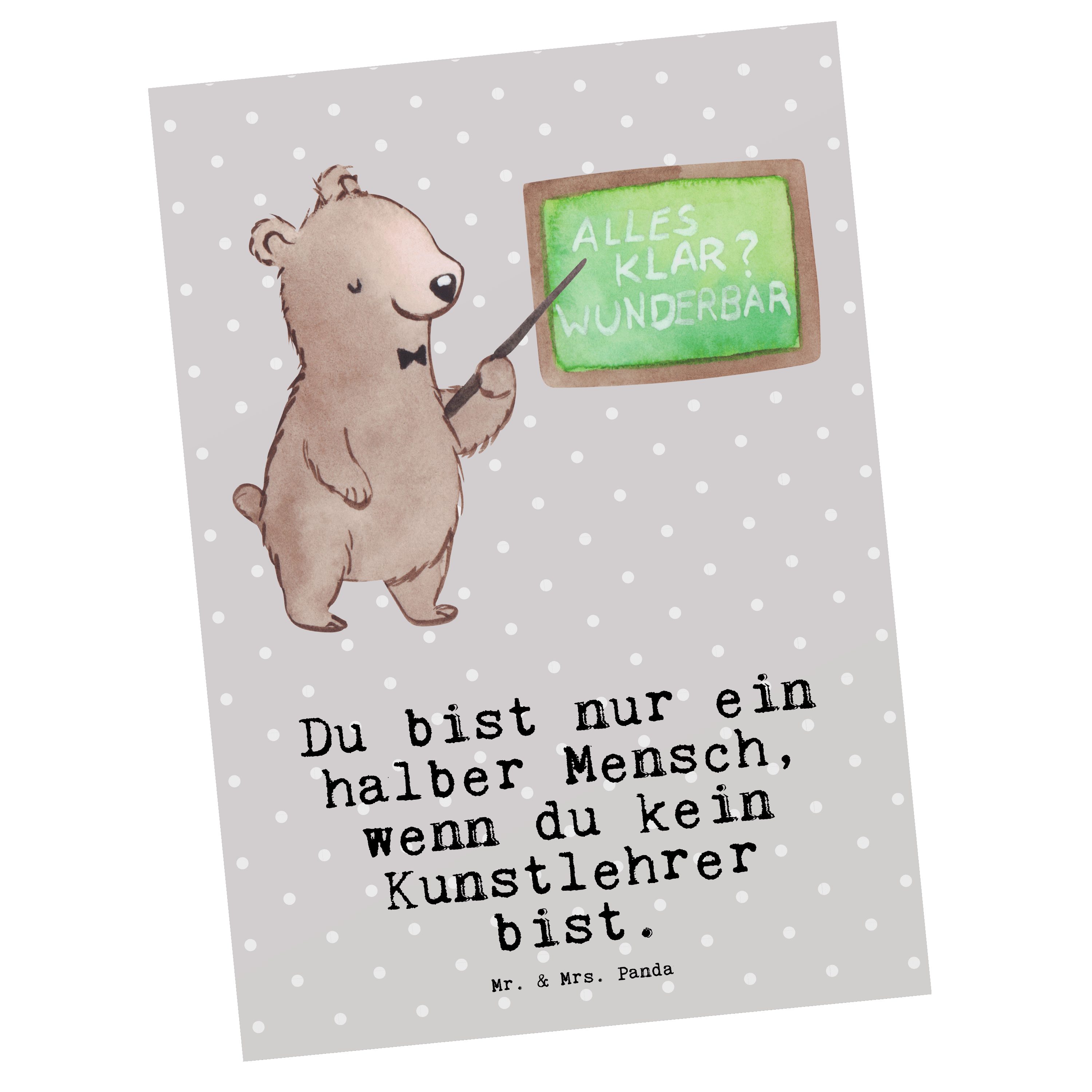 Mr. & Mrs. Panda Postkarte Kunstlehrer mit Herz - Grau Pastell - Geschenk, Kunstschule, Geburtst