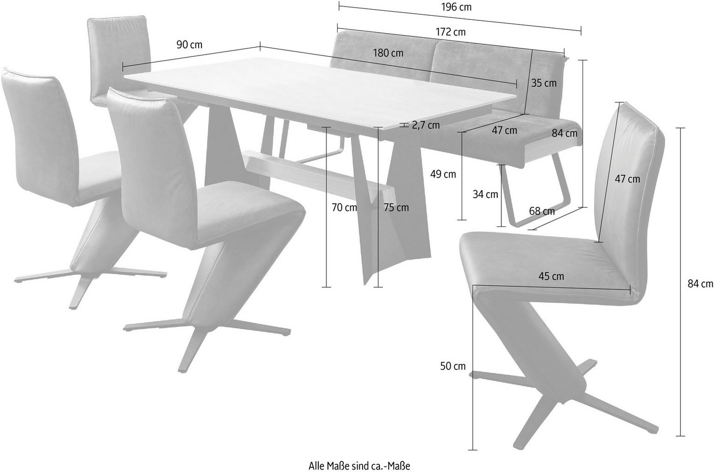 K+W Komfort & Wohnen Essgruppe »Deseo II«, (Set, 6-tlg), Solobank mit Rückenneigungsverstellung in 2 Breiten, 4 Drehstühle und Tisch 180x90 cm-kaufen