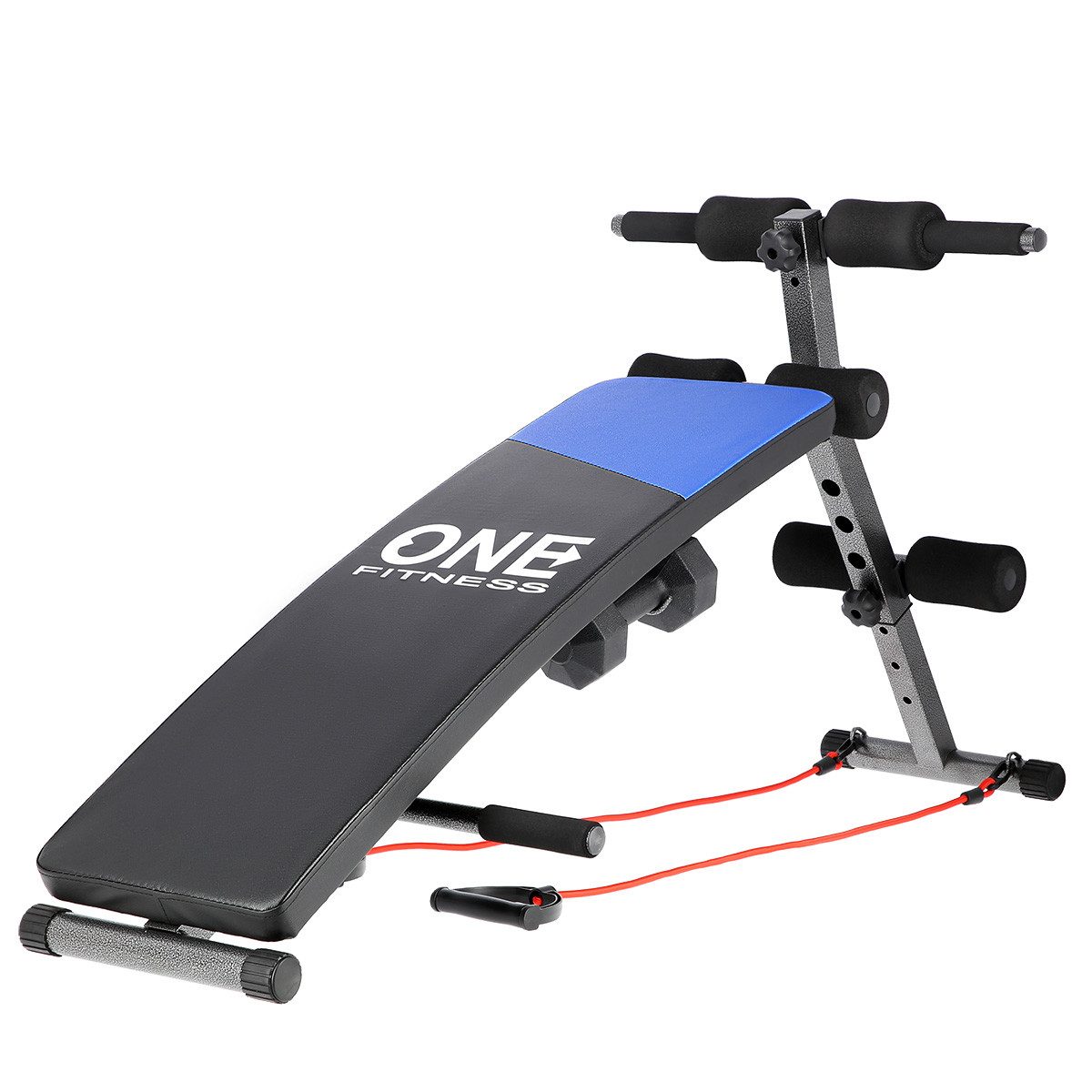 ONE FITNESS Schrägbank Bauchtrainer Rückentrainer Sit-up-Bank, (Spar-Set, 1-tlg., 135 x 55 x 67 cm klappbar), klappbar, höhenverstellbar, inkl. Kurzhanteln & Expander
