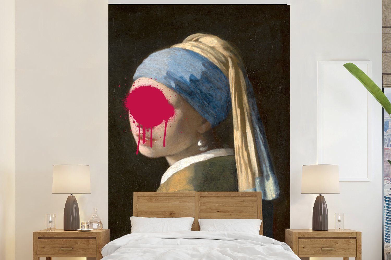 MuchoWow Fototapete Das Mädchen mit dem Perlenohrring - Johannes Vermeer - Rosa, Matt, bedruckt, (3 St), Montagefertig Vinyl Tapete für Wohnzimmer, Wandtapete