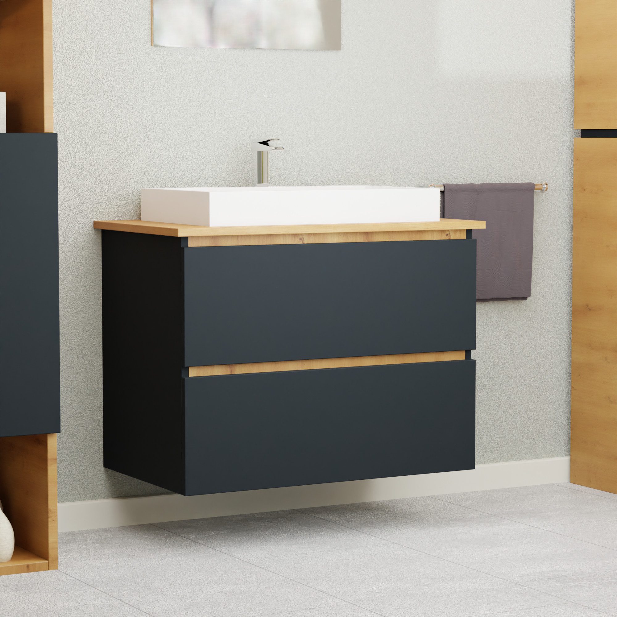 GARLIVO Waschbeckenunterschrank GLB-80 mit Schubladen, Badezimmer Waschtischunterschrank, Anthrazit Breite 80 cm, Soft-Close, Push-to-open/Tip-on, hängend