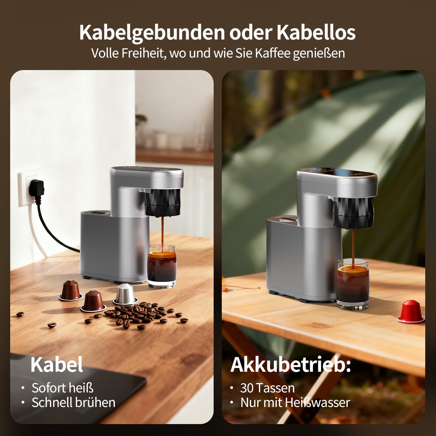 PURA COFFEE Espressomaschine C1, Mini Kaffeemaschine mit Sofortheizung Kompatibel mit gemahlenem Kaffee, 3-Sekunden Heißaufheizung, 20Bar, Tragbar und Wiederaufladbar