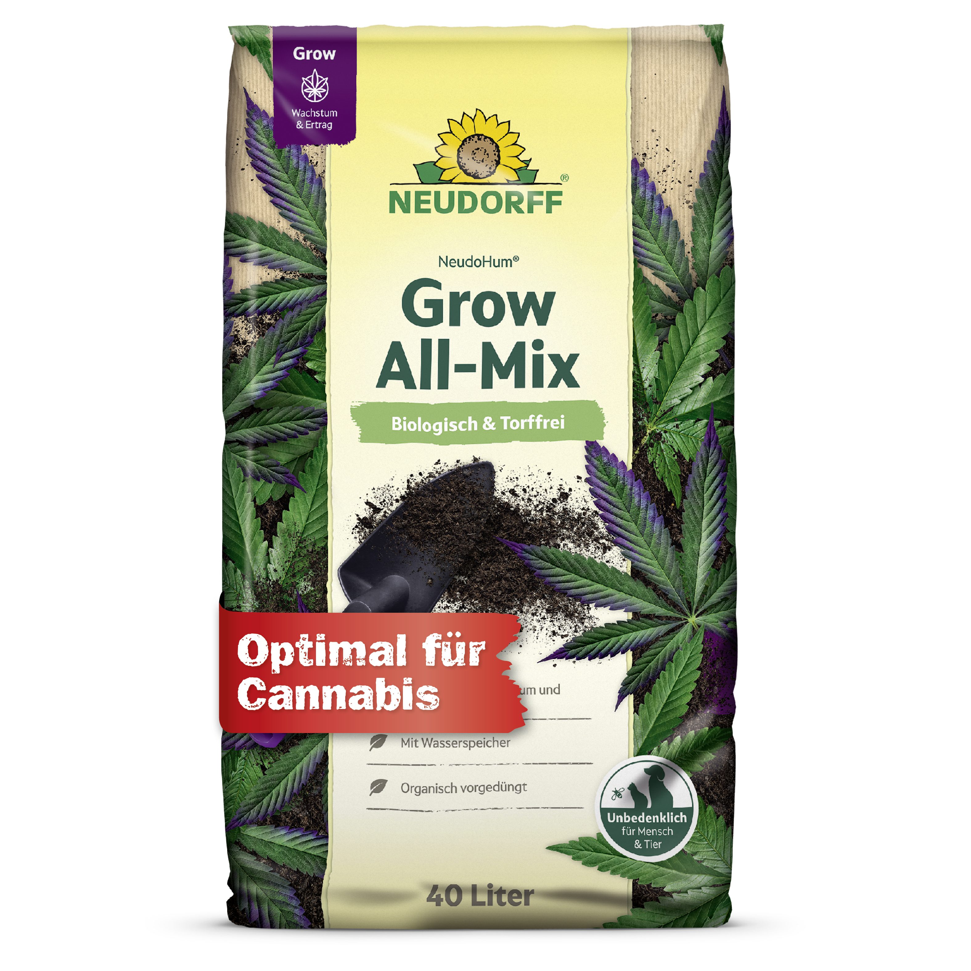 Neudorff Blumenerde NeudoHum Grow Erde All-Mix 40 Liter, mit Organisch vorgedüngtes Kultursubstrat, (Gebrauchsfertiges Kultursubstrat für Cannabis-Sorten, 40 L Kultursubstrat für Pflanzgefäße und Freiland), Tonminerale speichern Wasser und Nährstoffe bedarfsgerecht